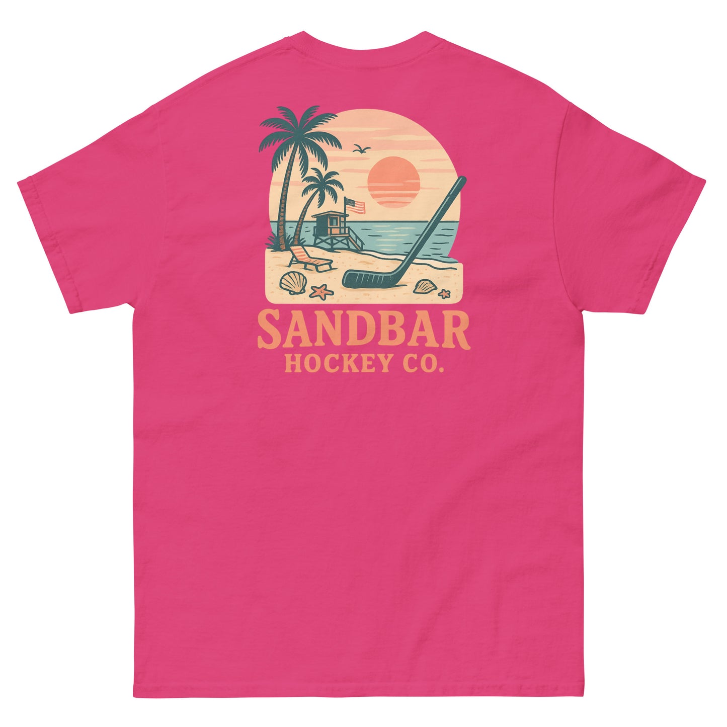 Pink hockey t-shirt back side with beach sunset lifeguard stand graphic and Sandbar Hockey Co. logo