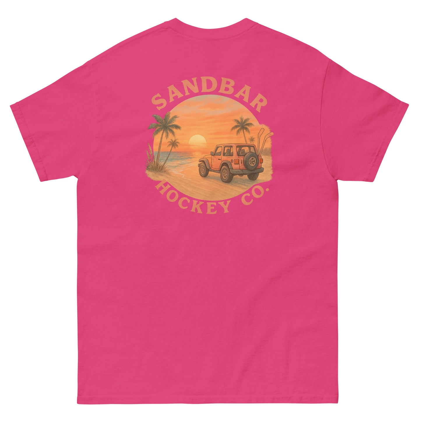 Pink hockey t-shirt back side with beach sunset jeep graphic and Sandbar Hockey Co. logo