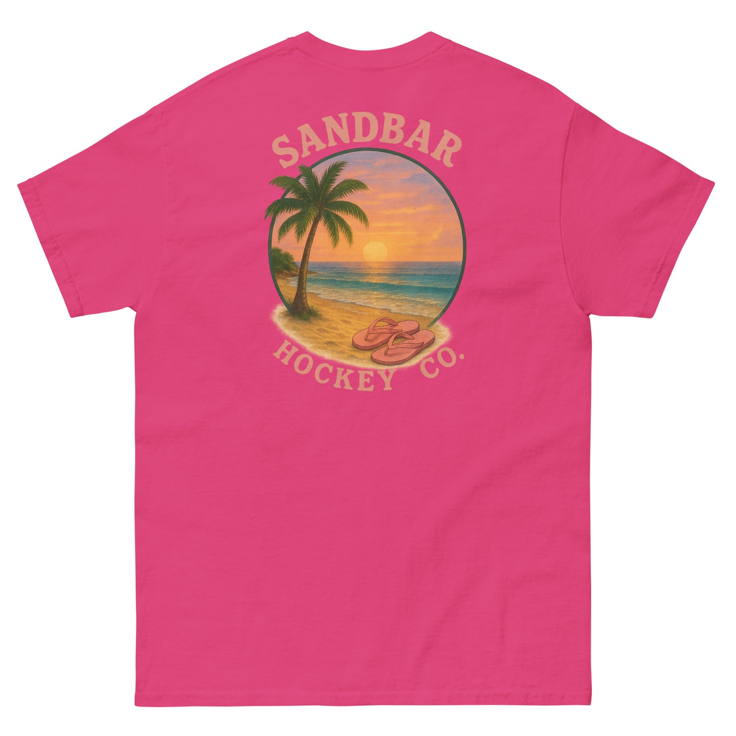 Pink hockey t-shirt back side with beach sunset palm tree and flip flops graphic and Sandbar Hockey Co. logo