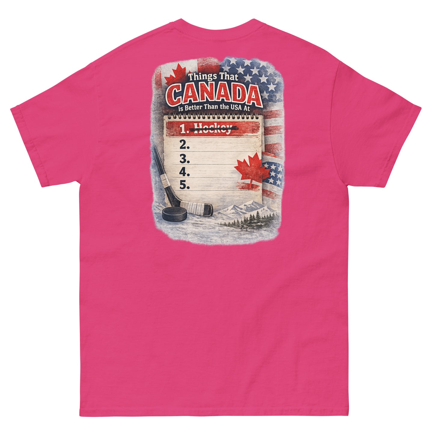 Dark Pink hockey t-shirt with large back graphic that reads “Things That Canada Is Better Than the USA At” with “Hockey” crossed out at number one, plus American and Canadian flag elements, a hockey stick, puck, and mountain background.