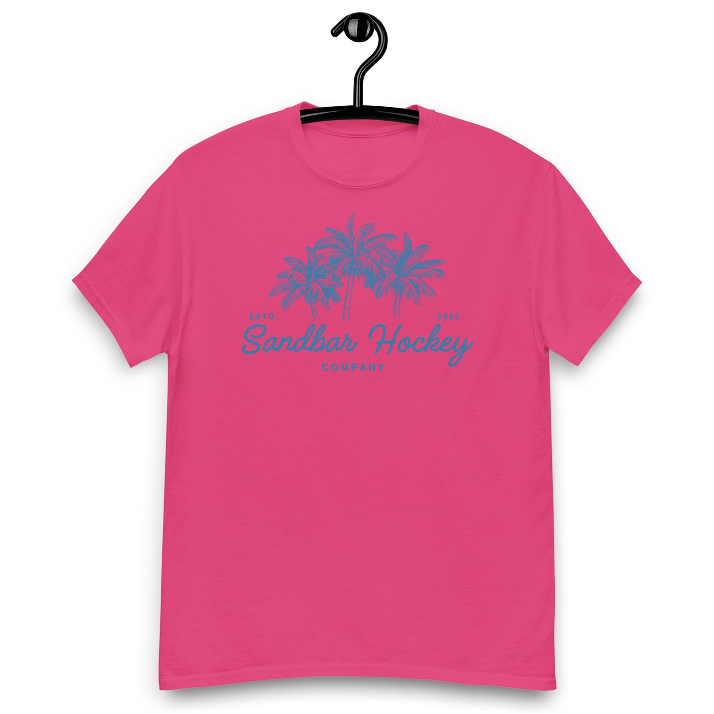 Pink hockey t-shirt front side with blue palm tree graphic and Sandbar Hockey Company cursive logo