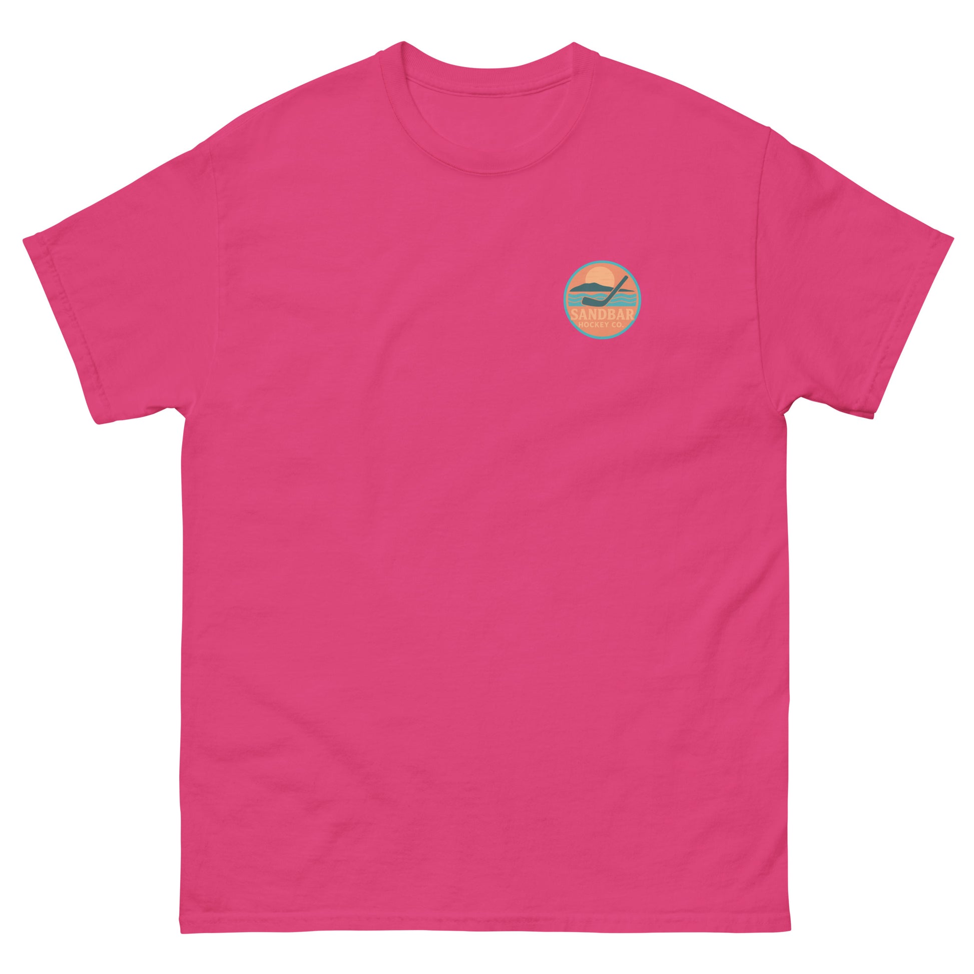 Pink hockey t-shirt front side with small circular Sandbar Hockey chest logo