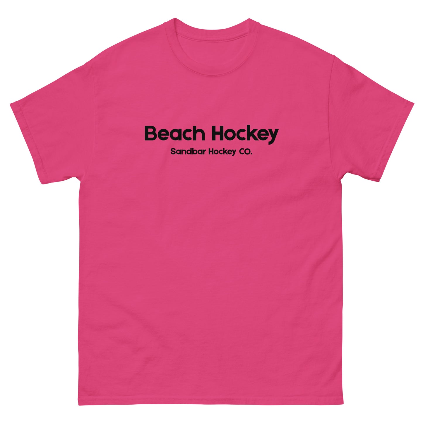 Pink beach hockey t-shirt front view with Beach Hockey Sandbar Hockey Co. text on the chest.