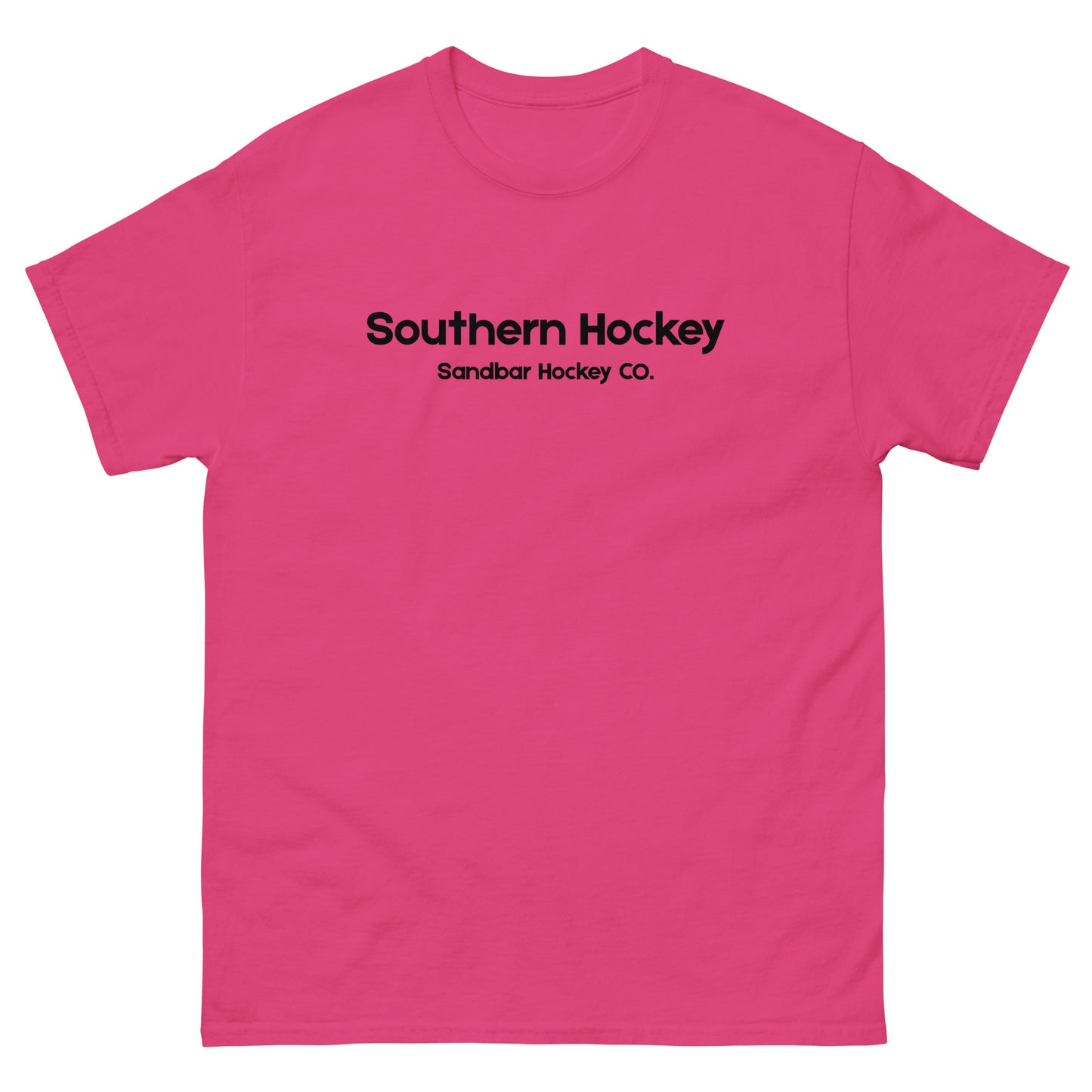 Pink southern hockey t-shirt front view with Southern Hockey Sandbar Hockey Co. text on the chest.