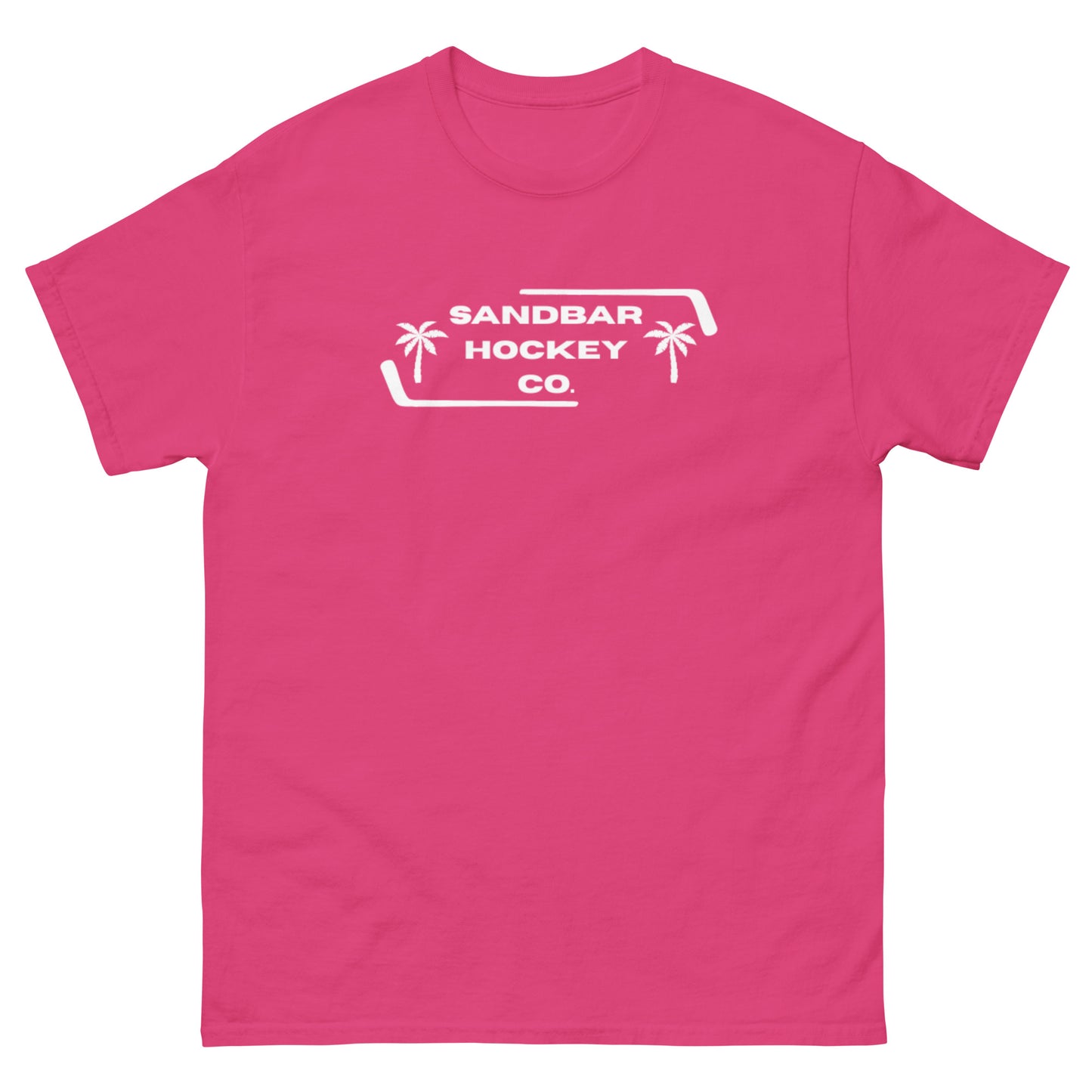 Pink Palm Frame T-Shirt with white Sandbar Hockey Co. palm frame front logo