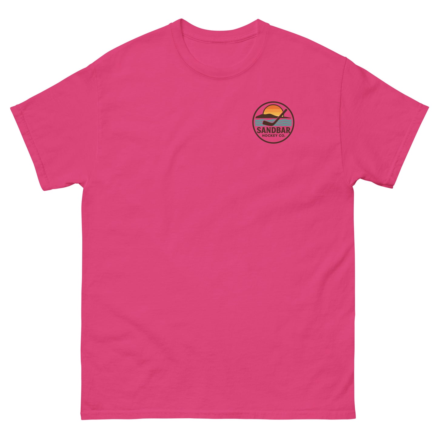 Dark Pink hockey t-shirt with small front chest logo featuring a circular Sandbar Hockey Co. sunset-and-stick emblem.