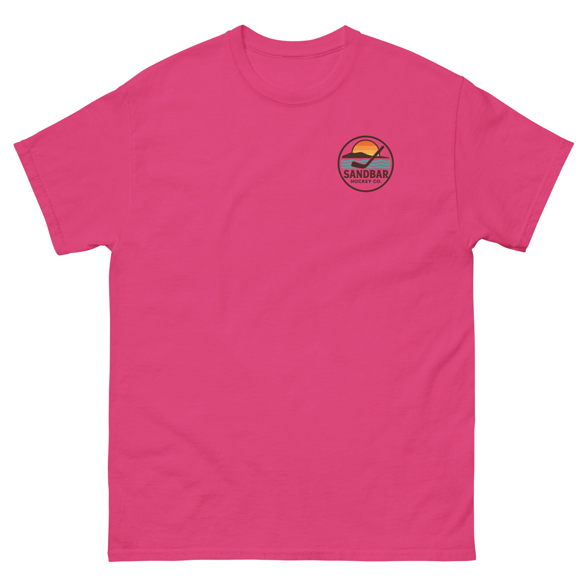 Dark Pink hockey t-shirt with small front chest logo featuring a circular Sandbar Hockey Co. sunset-and-stick emblem.