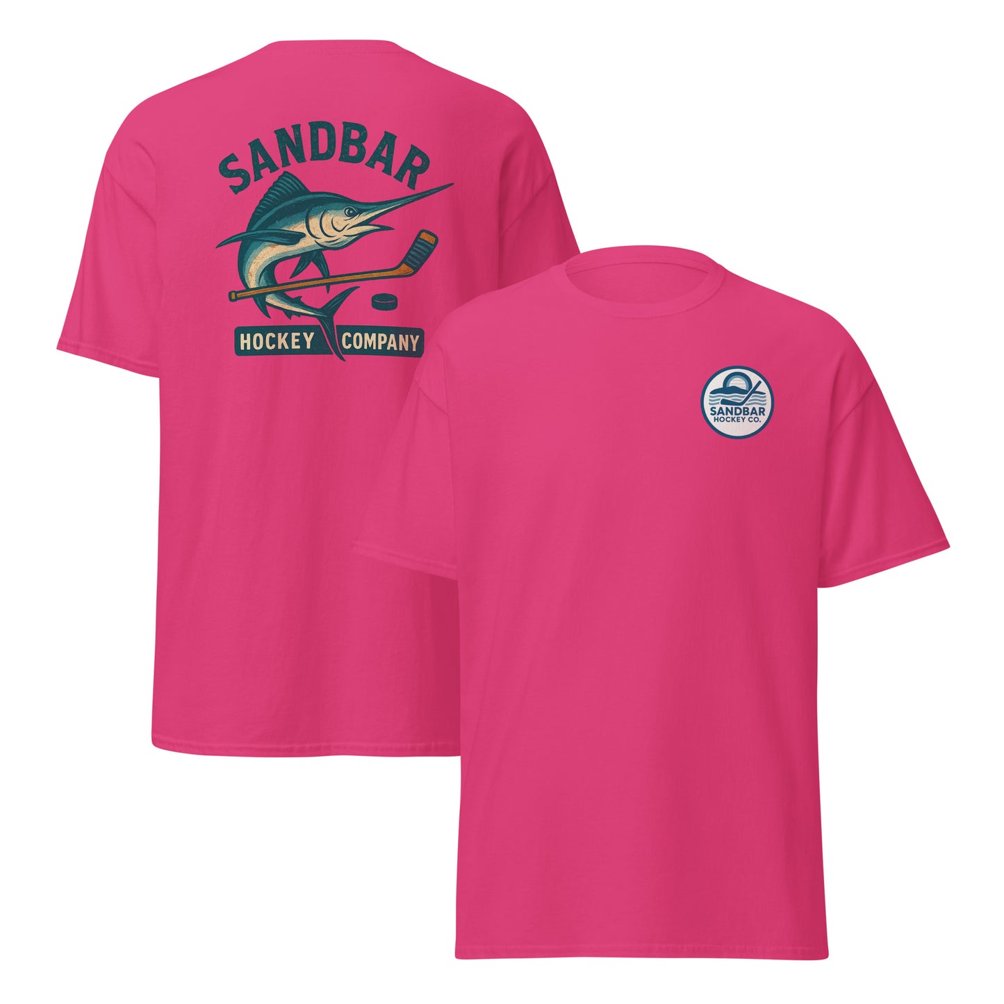 Pink hockey t-shirt front and back combo view with marlin and hockey stick back graphic and small circular Sandbar Hockey Co. chest logo