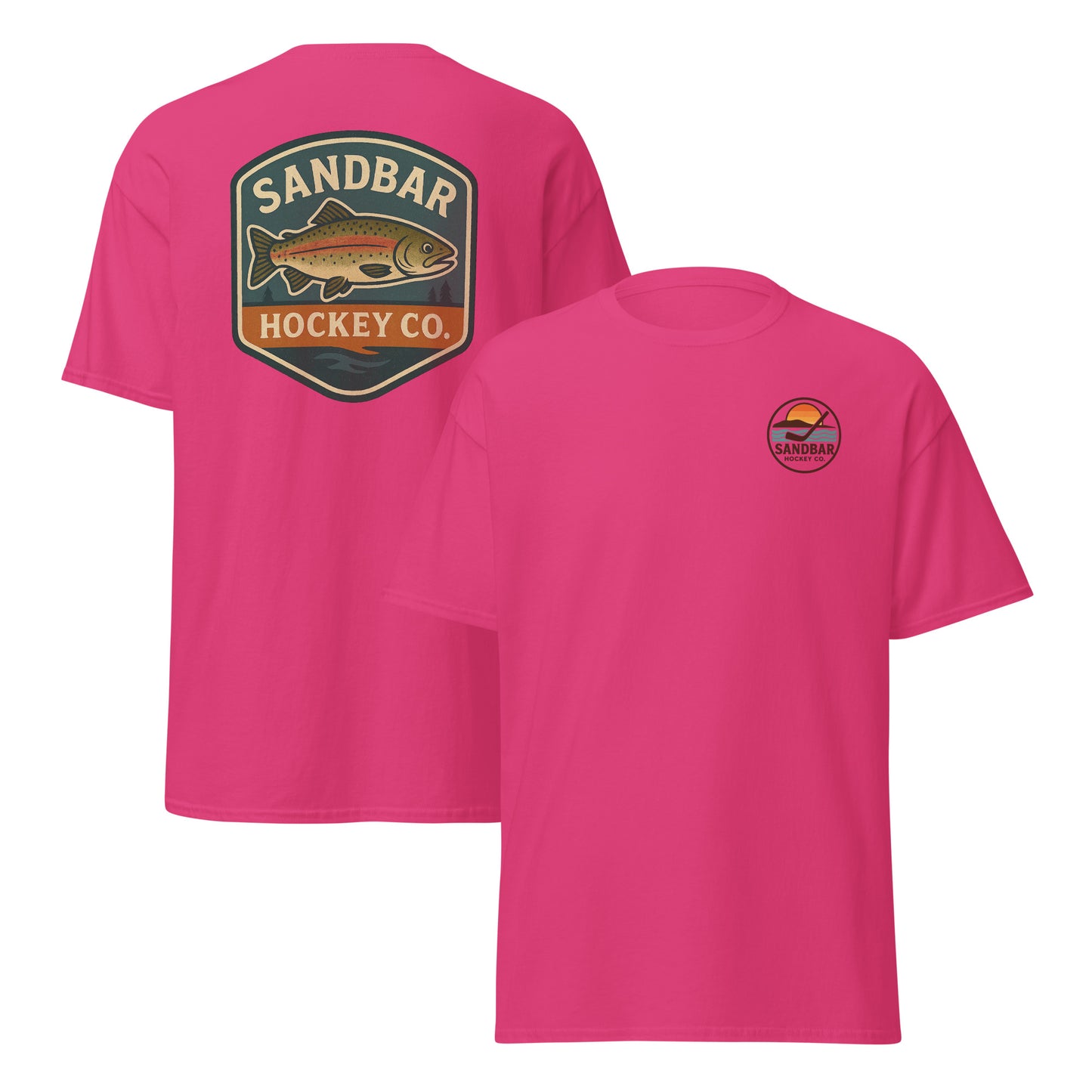 Pink hockey t-shirt front and back combo view with trout badge back graphic and small circular Sandbar Hockey Co. sunset, water, island, and hockey stick chest logo