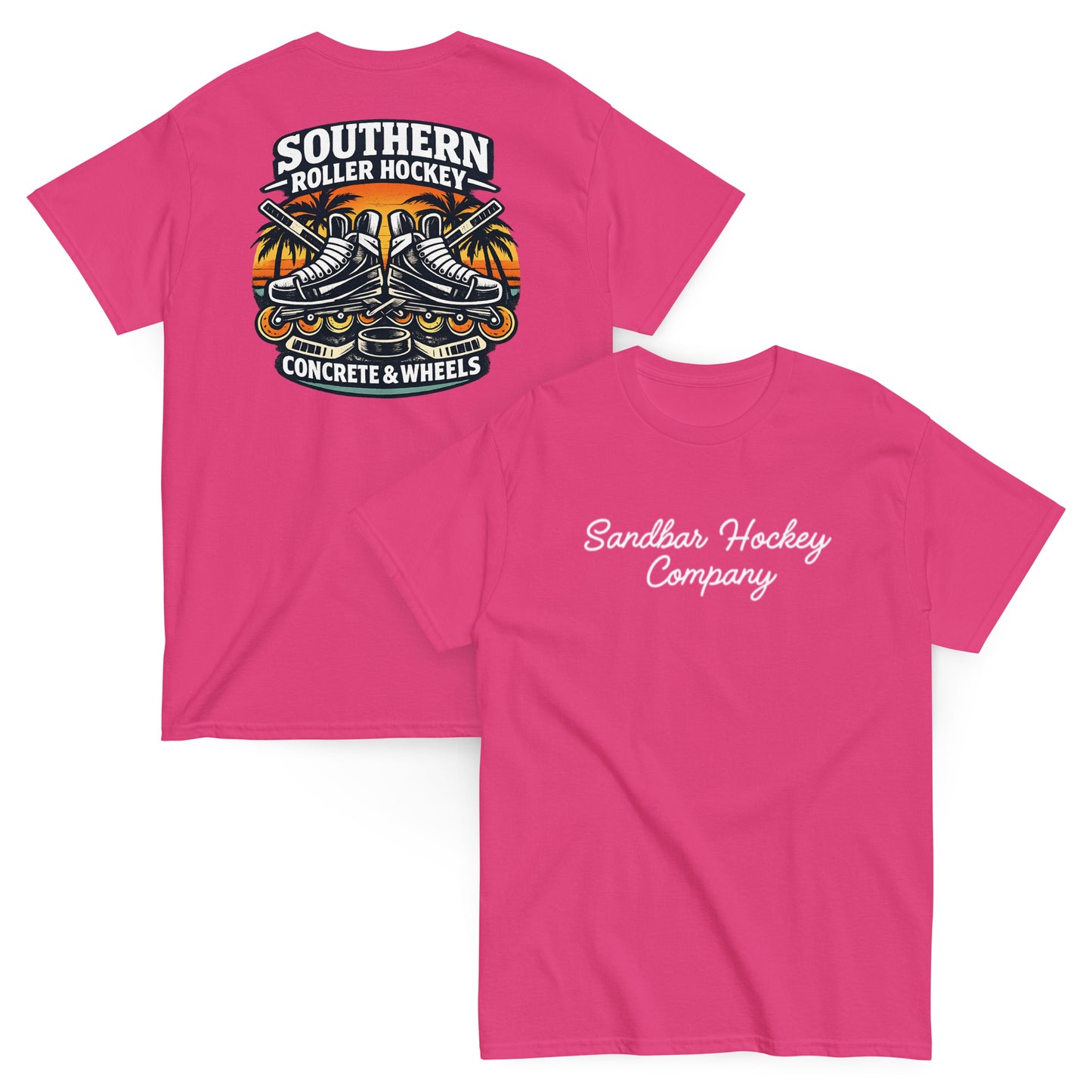 Pink southern roller hockey t-shirt showing back graphic with crossed roller skates, hockey sticks, puck, palm trees, and front chest Sandbar Hockey Company script.