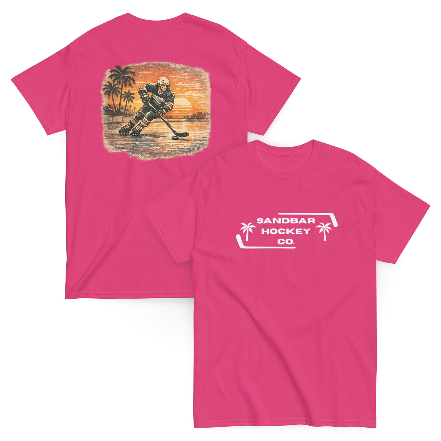 Pink Sunset Glide Roller Hockey T-Shirt with large vintage coastal hockey back graphic and white Sandbar Hockey Co. front chest logo