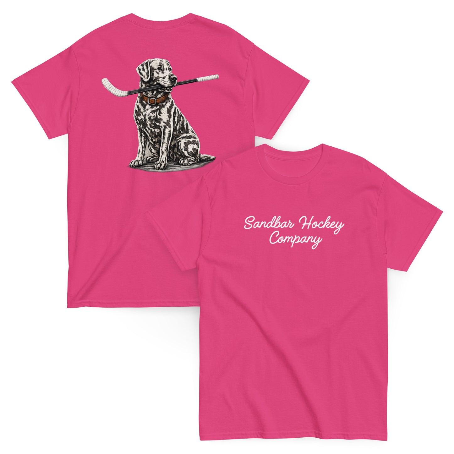 Pink hockey t-shirt shown with both sides, featuring the dog-with-hockey-stick back graphic and the white Sandbar Hockey Company script logo on the front chest.