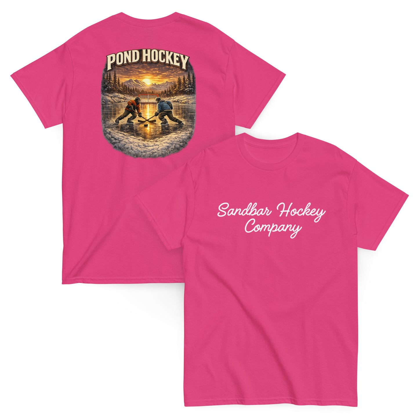 Pink short-sleeve T-shirt mockup showing front and back views. The back features a vintage-style pond hockey graphic with two players on a frozen pond at sunset, pine trees, mountains, and the words “POND HOCKEY” above. The front has “Sandbar Hockey Company” in white script across the chest.