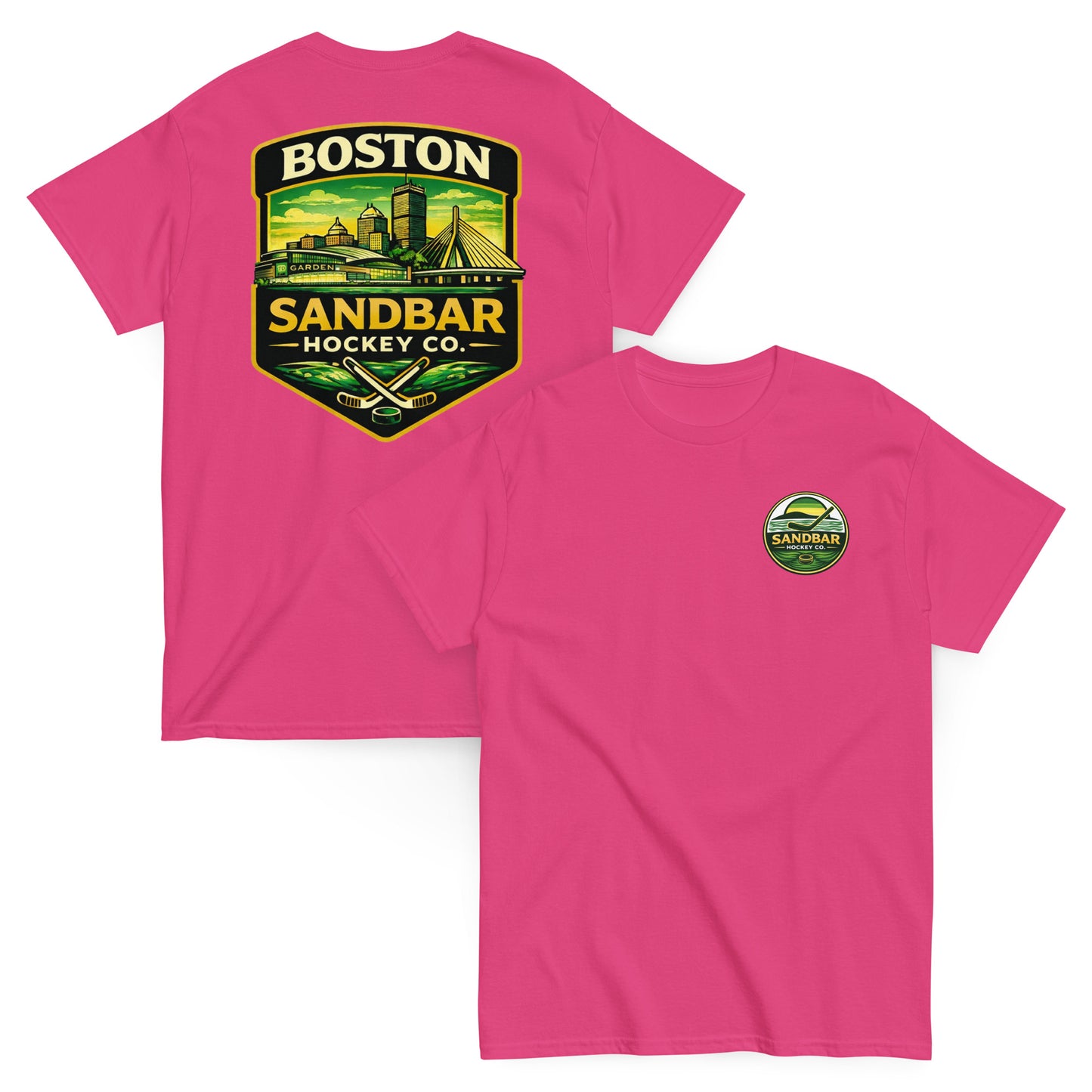 Boston Sandbar Hockey Co. pink t-shirt mockup showing the front and back of the shirt, with a small circular Sandbar Hockey Co. logo on the front left chest and a large Boston skyline hockey graphic on the back.