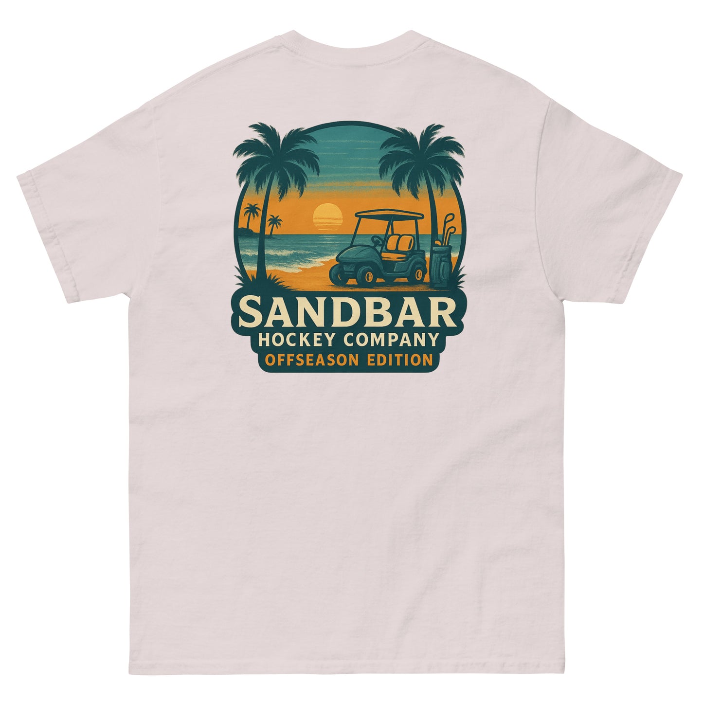 Ice Grey T-shirt with a large back graphic of a beach sunset scene featuring palm trees, ocean waves, a golf cart, hockey sticks, and the text “Sandbar Hockey Company Offseason Edition.”