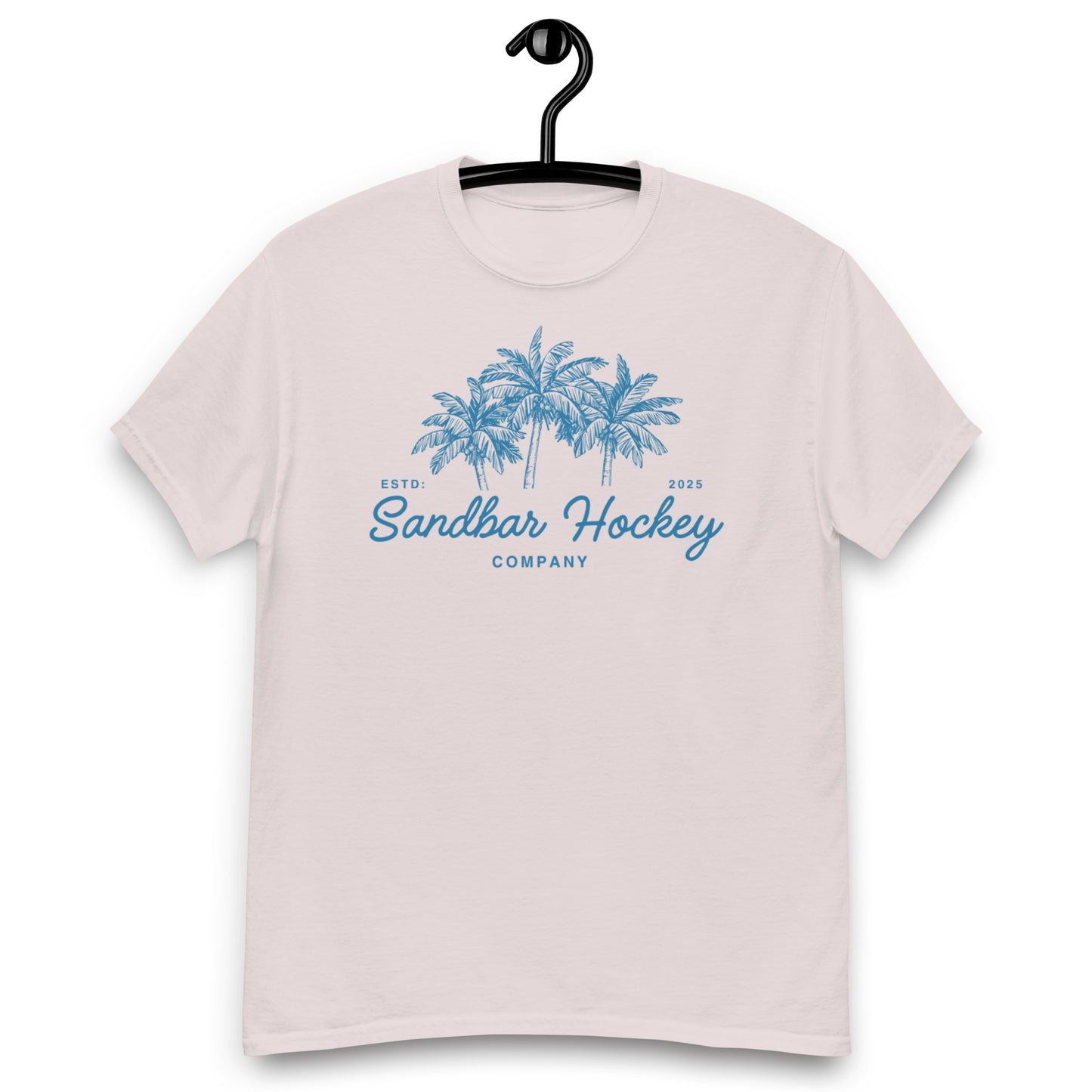 Ice grey hockey t-shirt front side with blue palm tree graphic and Sandbar Hockey Company cursive logo