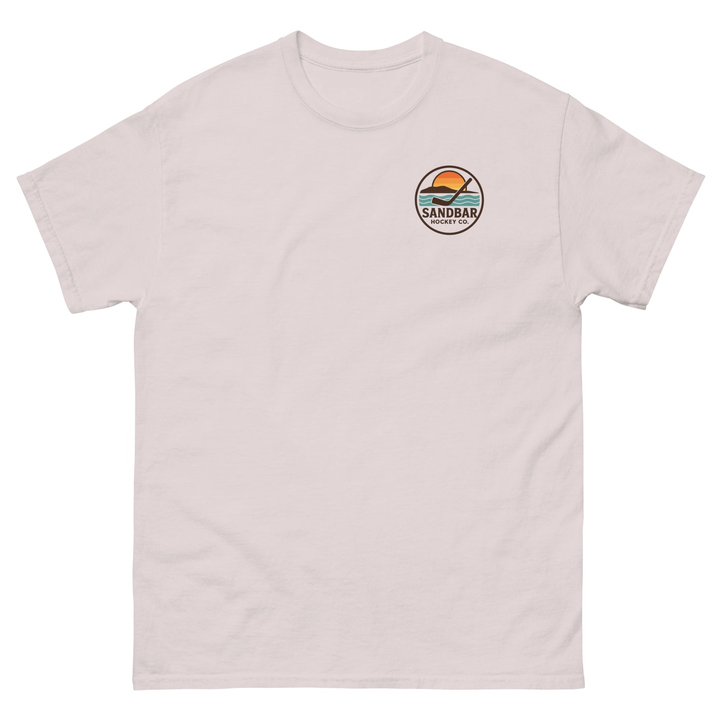 Ice Grey T-shirt with a small left chest logo showing a sunset, ocean waves, and a hockey stick with the text “Sandbar Hockey Co.”