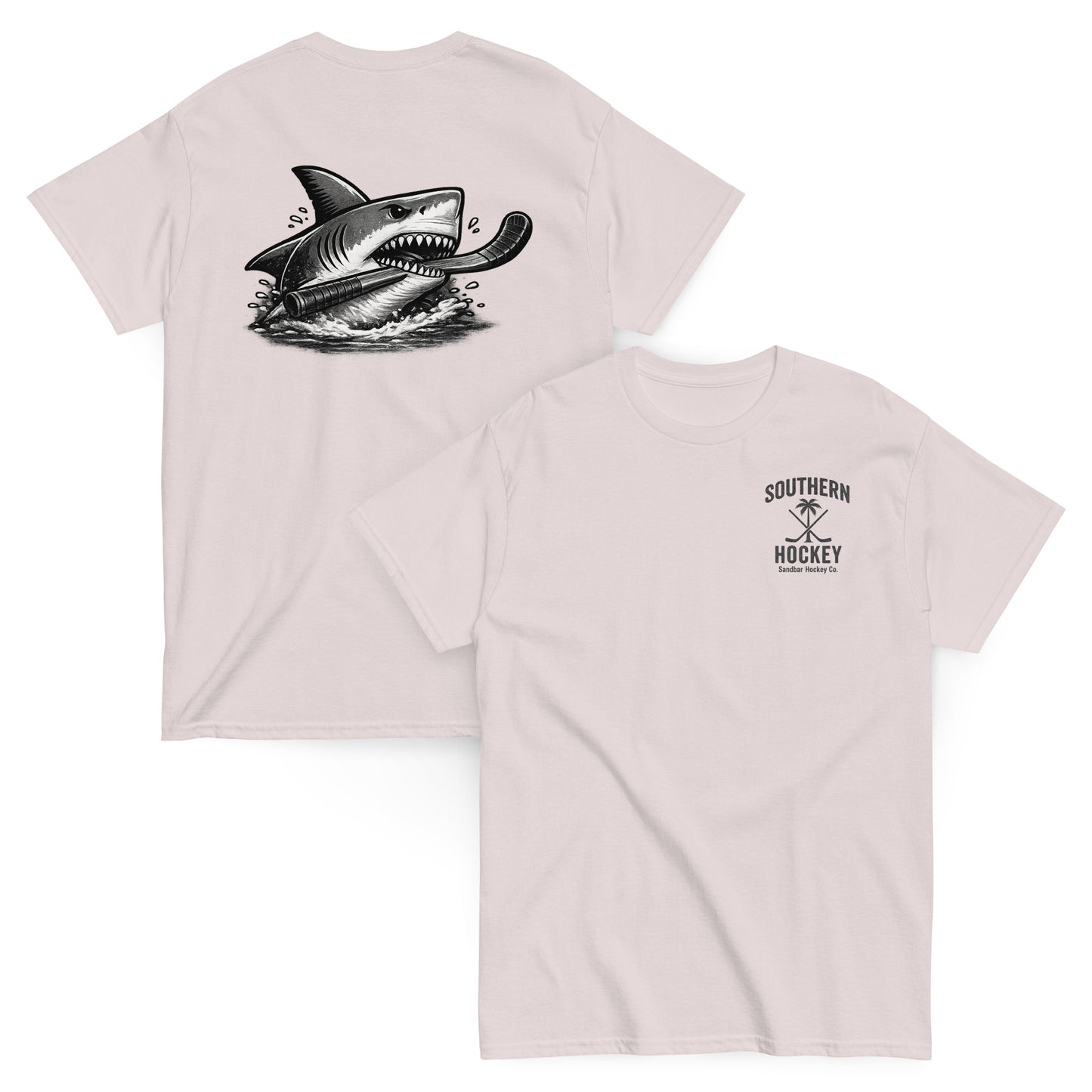Ice Grey Southern Hockey Sandbar Hockey Co. T-shirt with black shark hockey graphic on the back and small Southern Hockey chest logo on the front