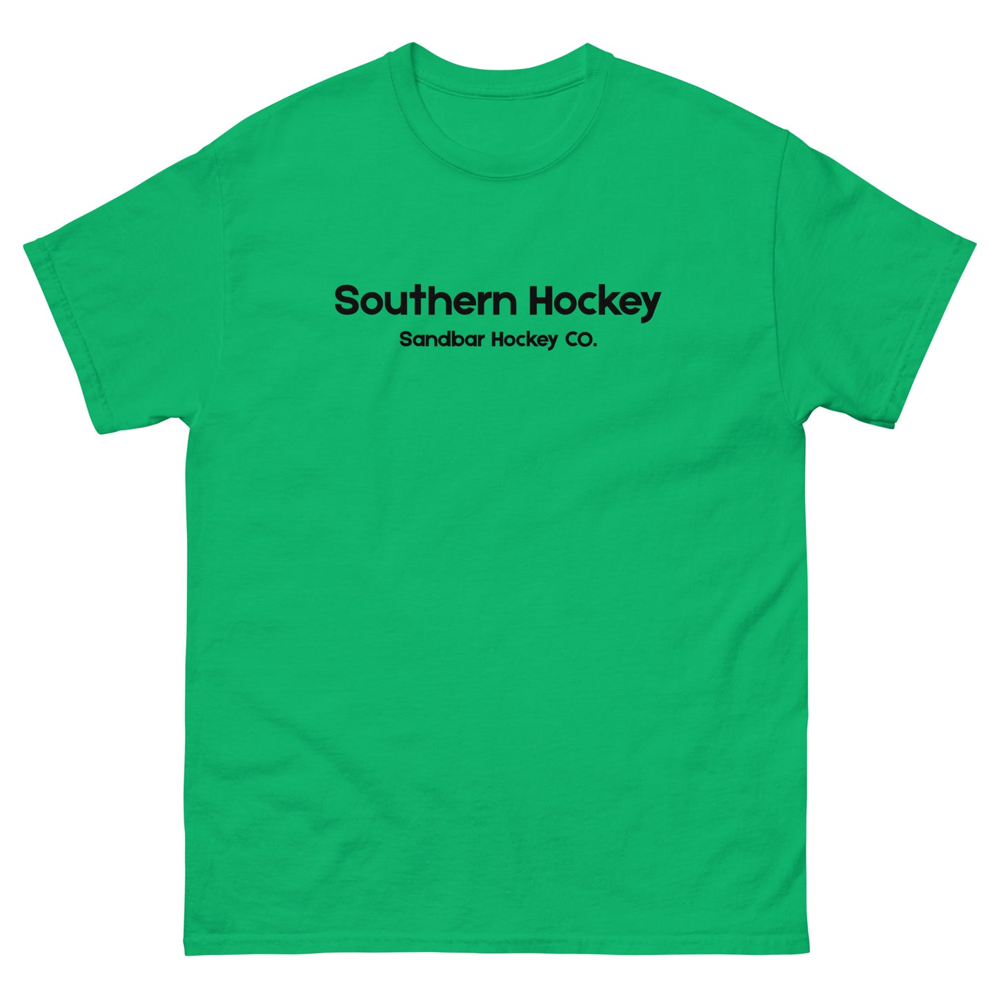 Irish green southern hockey t-shirt front view with Southern Hockey Sandbar Hockey Co. text on the chest.