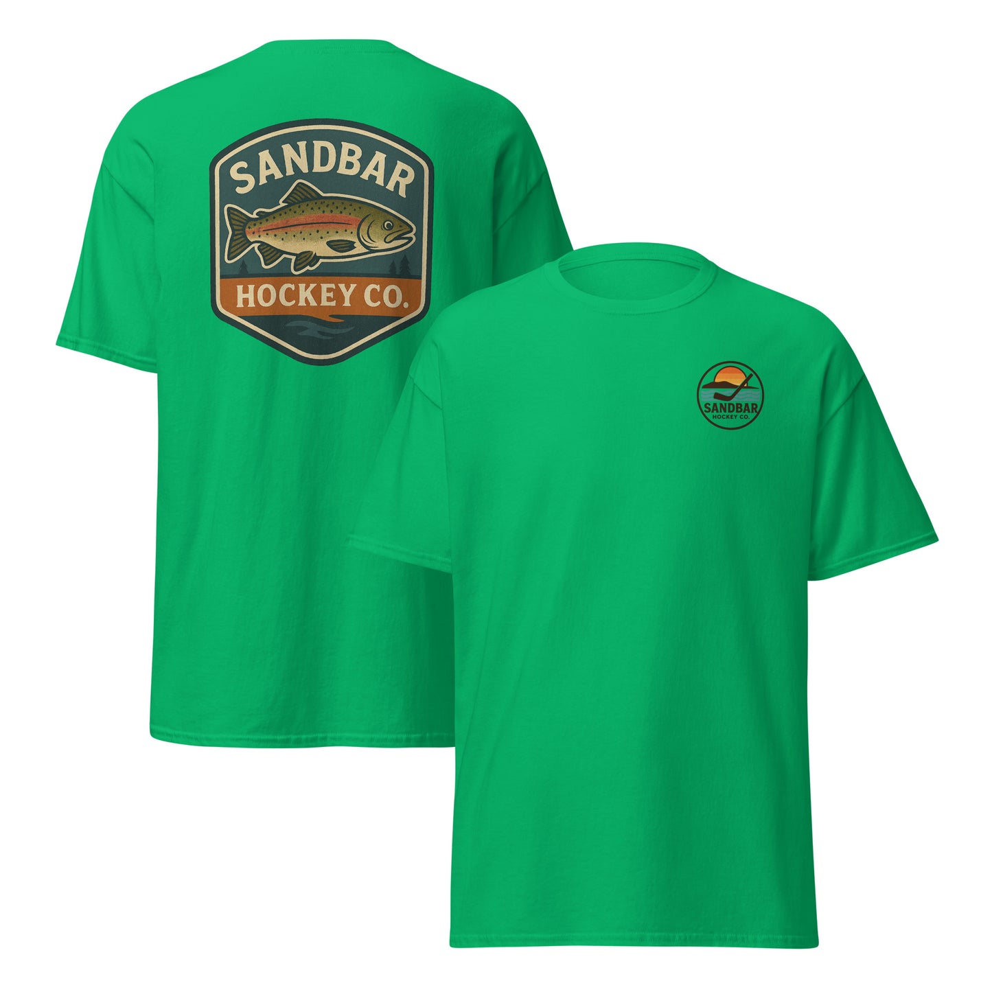 Irish green hockey t-shirt front and back combo view with trout badge back graphic and small circular Sandbar Hockey Co. sunset, water, island, and hockey stick chest logo