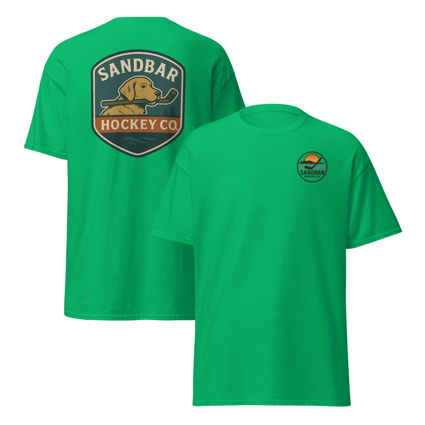 Irish green Sandbar Hockey Dog Badge T-Shirt front and back mockup with large shield-style back graphic of a dog holding a hockey stick in its mouth and small circular Sandbar Hockey Co. chest logo on front