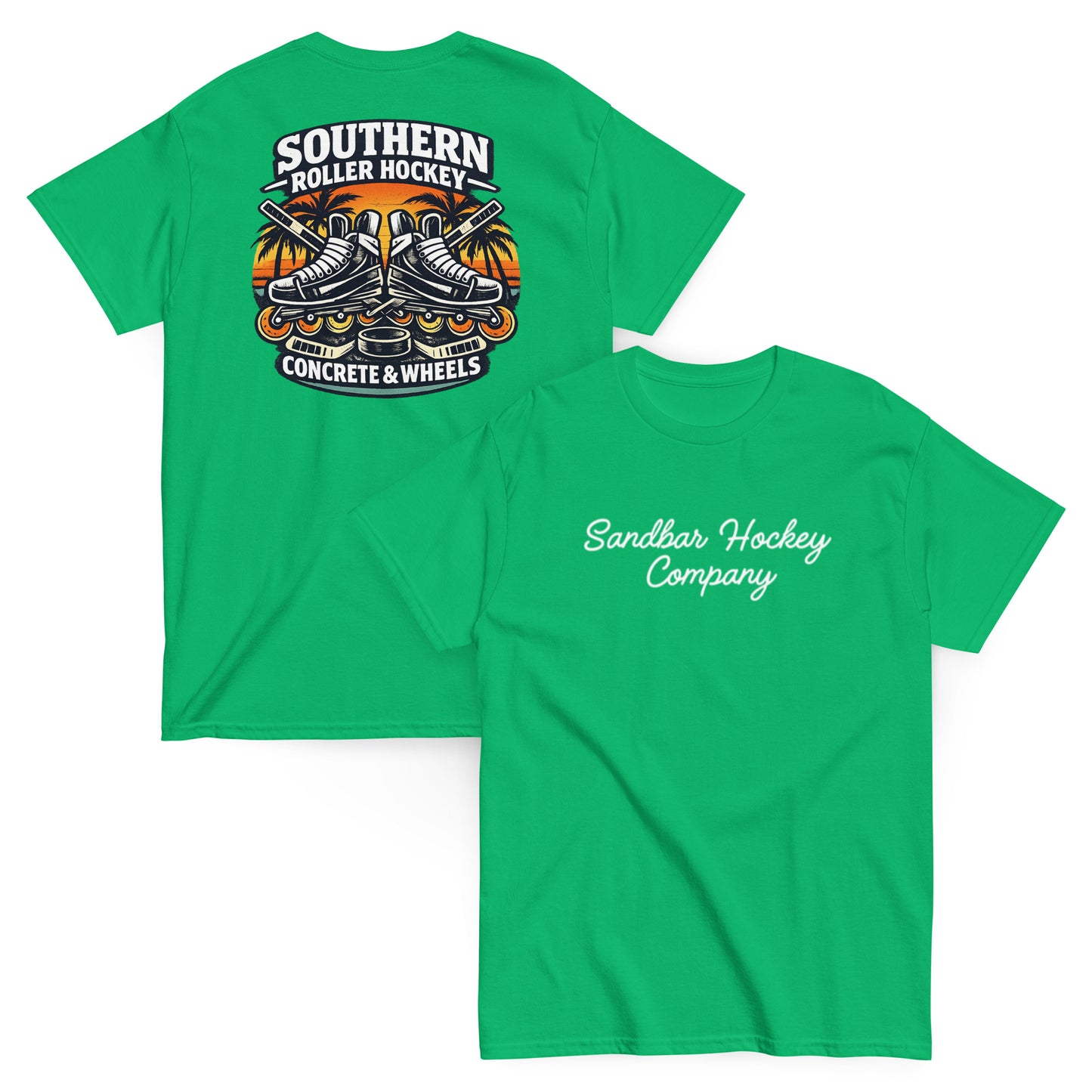 Irish green southern roller hockey t-shirt showing back graphic with crossed roller skates, hockey sticks, puck, palm trees, and front chest Sandbar Hockey Company script.