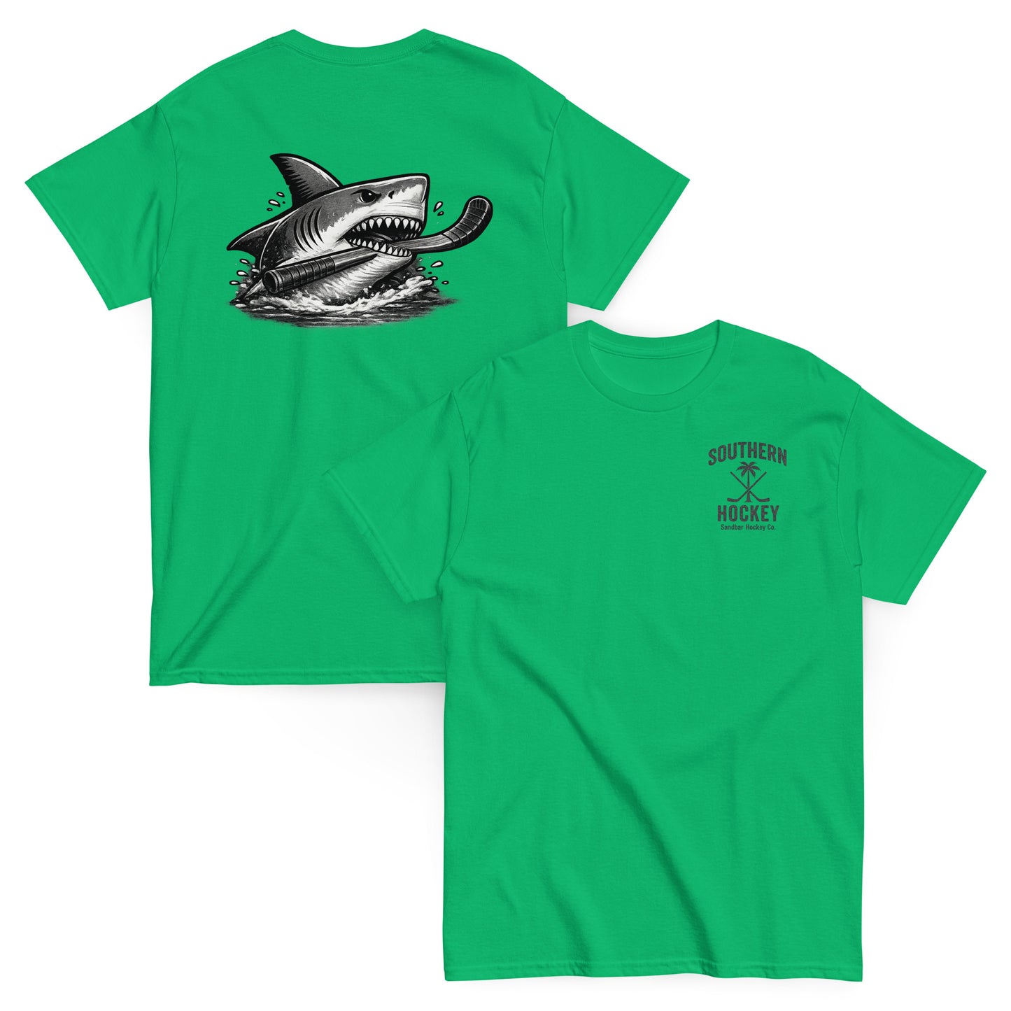 Green Southern Hockey Sandbar Hockey Co. T-shirt with black shark hockey graphic on the back and small Southern Hockey chest logo on the front
