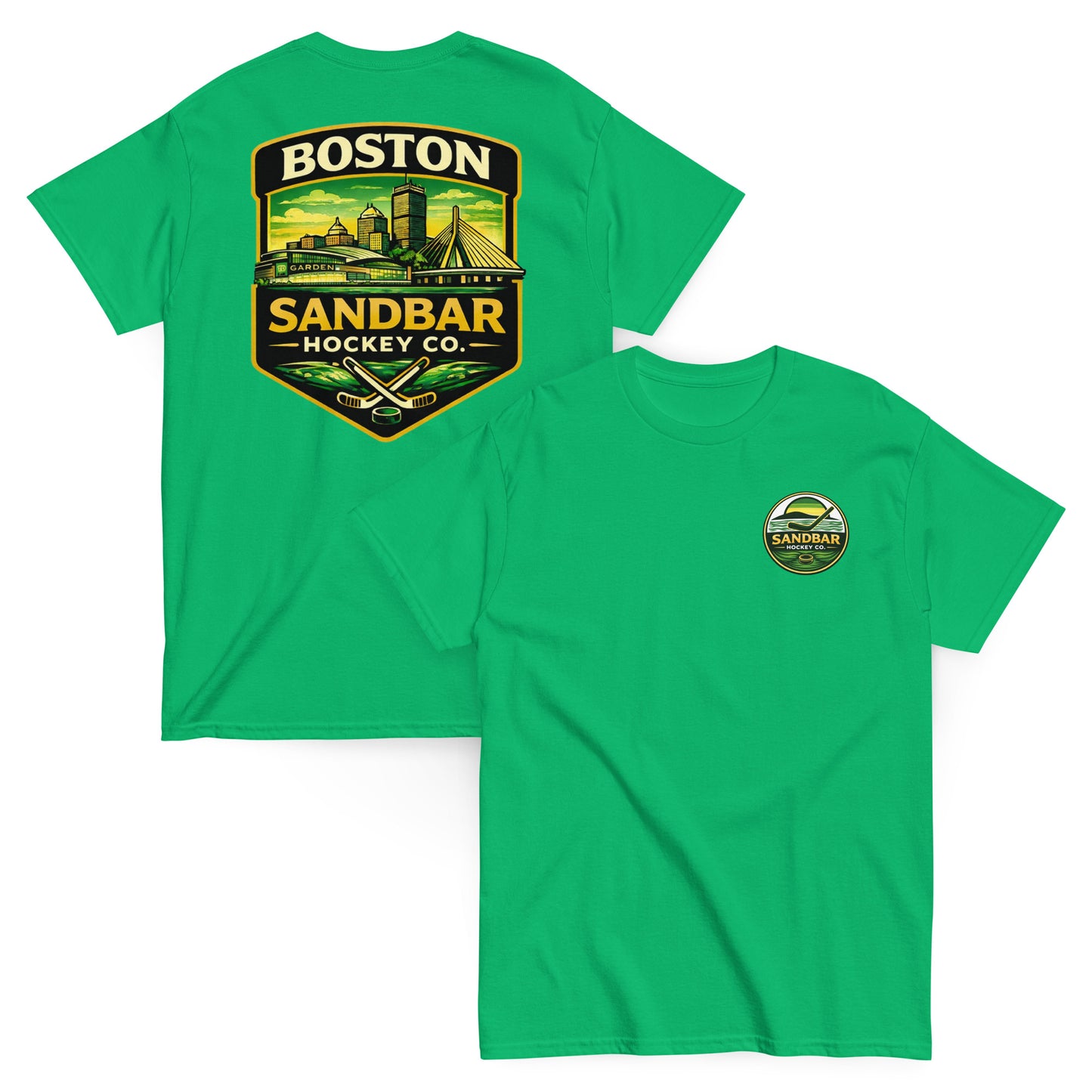 Boston Sandbar Hockey Co. Irish green t-shirt mockup showing the front and back of the shirt, with a small circular Sandbar Hockey Co. logo on the front left chest and a large Boston skyline hockey graphic on the back.