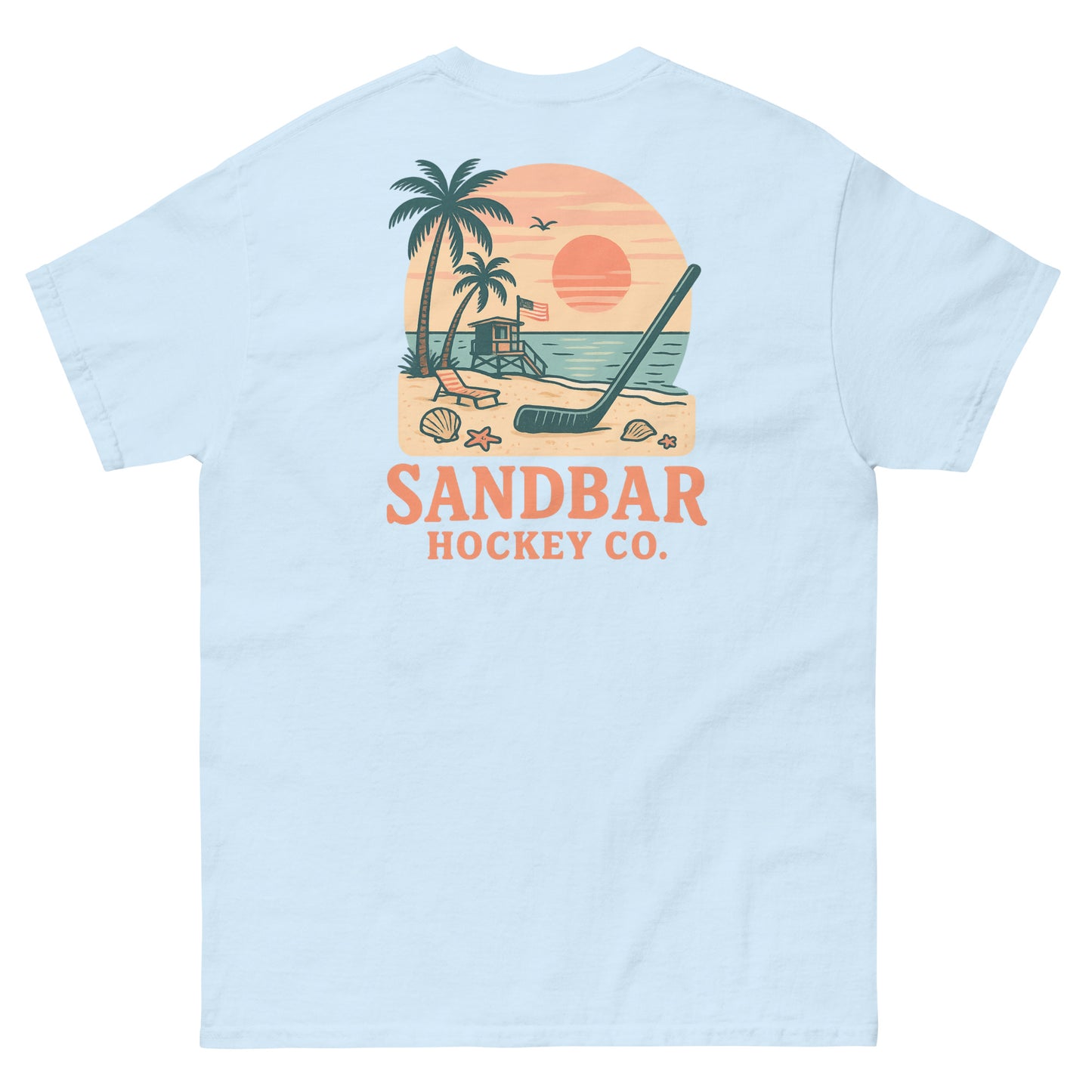 Pale blue hockey t-shirt back side with beach sunset lifeguard stand graphic and Sandbar Hockey Co. logo