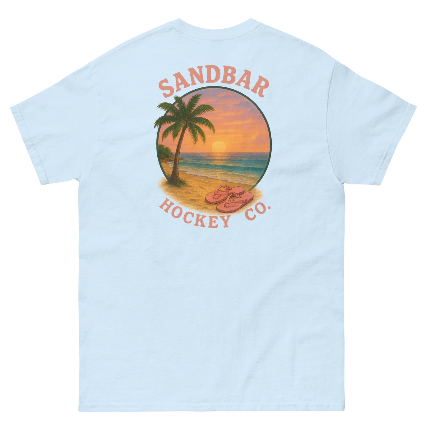 Pale blue hockey t-shirt back side with beach sunset palm tree and flip flops graphic and Sandbar Hockey Co. logo