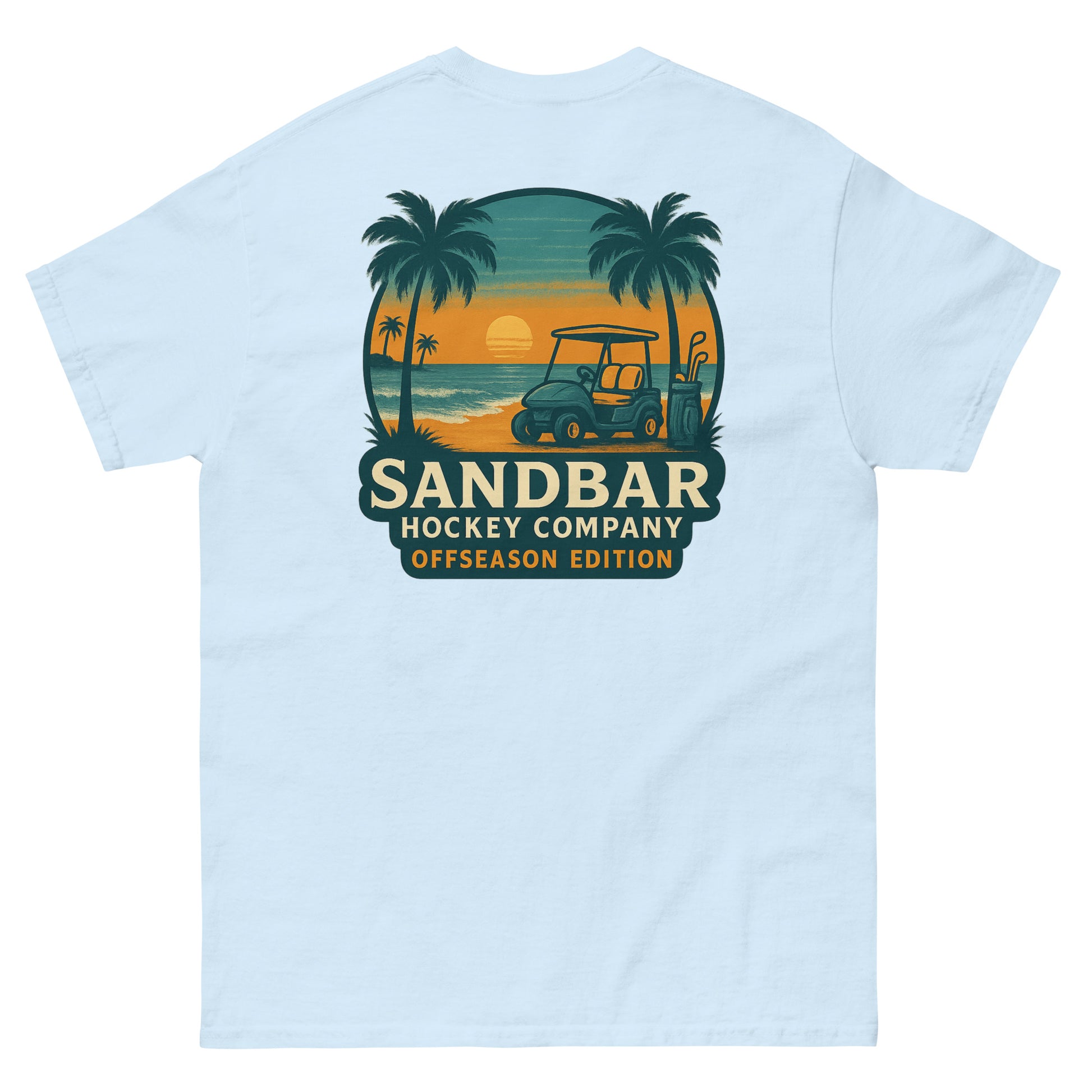 Light blue T-shirt with a large back graphic of a beach sunset scene featuring palm trees, ocean waves, a golf cart, hockey sticks, and the text “Sandbar Hockey Company Offseason Edition.”
