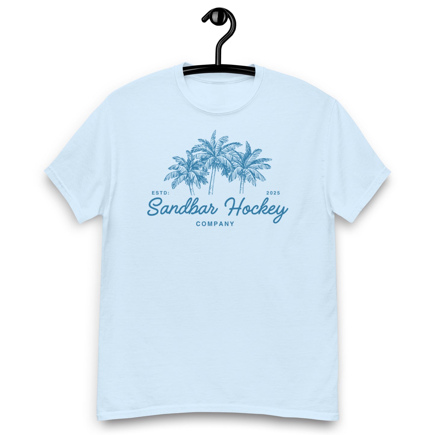 Light blue hockey t-shirt front side with blue palm tree graphic and Sandbar Hockey Company cursive logo