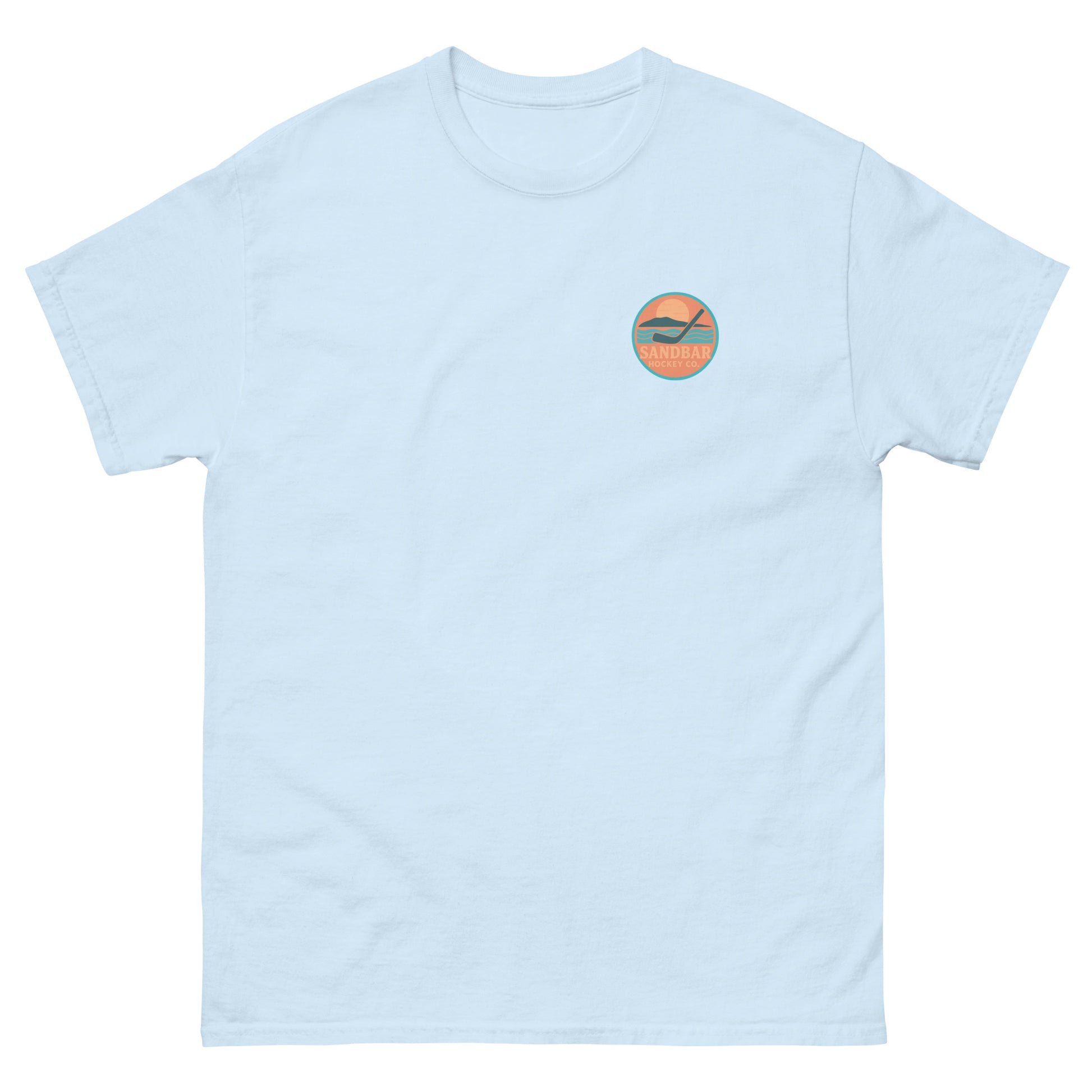 Pale blue hockey t-shirt front side with small circular Sandbar Hockey chest logo