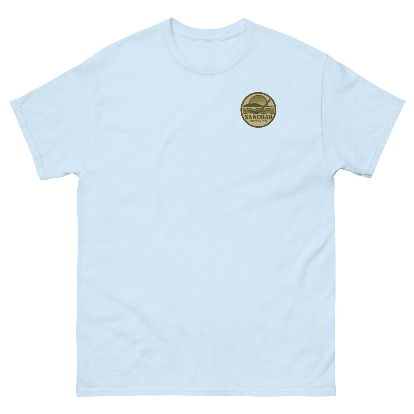 Light blue patriotic hockey t-shirt front view with small military green Sandbar Hockey Co. sunset logo on the chest.
