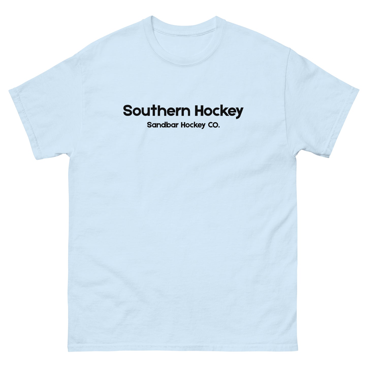 Light blue southern hockey t-shirt front view with Southern Hockey Sandbar Hockey Co. text on the chest.