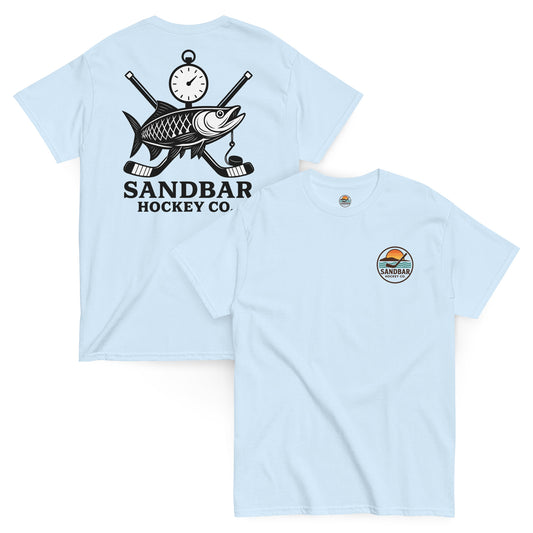 Sandbar Hockey Fishing Edition light blue t-shirt front and back view with fish, crossed hockey sticks, and stopwatch graphic