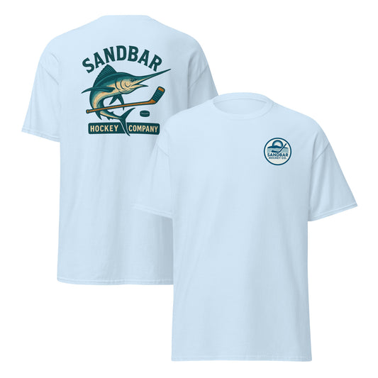 Light blue hockey t-shirt front and back combo view with marlin and hockey stick back graphic and small circular Sandbar Hockey Co. chest logo
