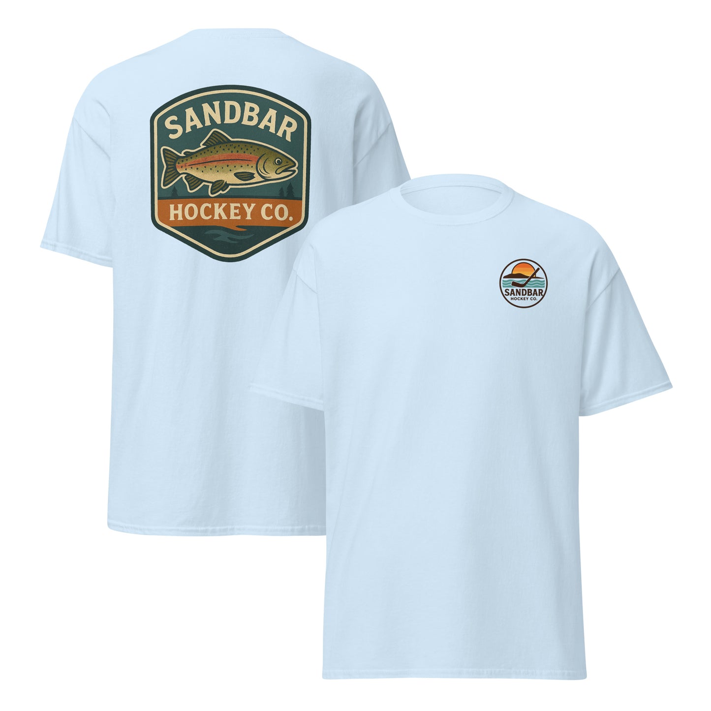 Light blue hockey t-shirt front and back combo view with trout badge back graphic and small circular Sandbar Hockey Co. sunset, water, island, and hockey stick chest logo