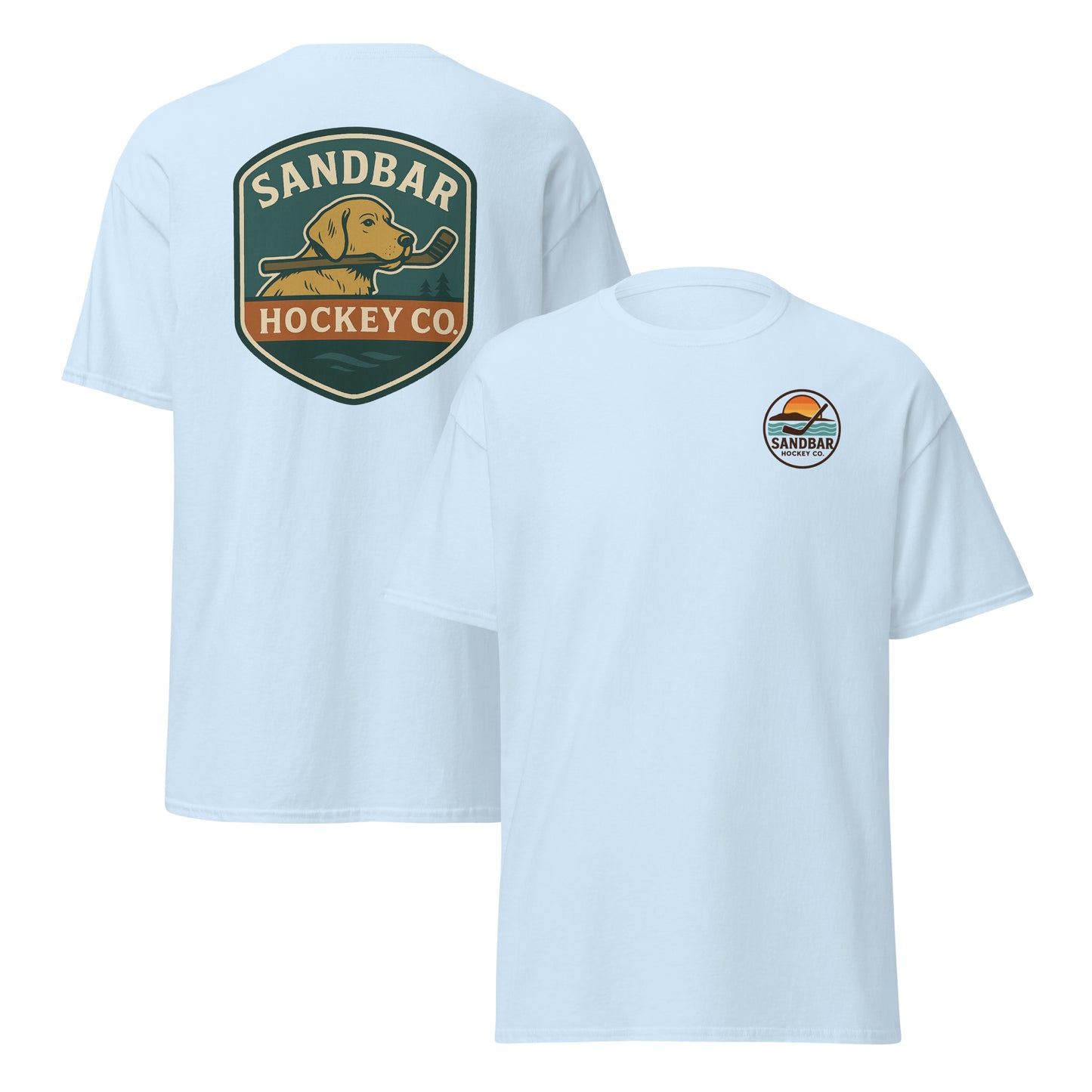 Light blue Sandbar Hockey Dog Badge T-Shirt front and back mockup with large shield-style back graphic of a dog holding a hockey stick in its mouth and small circular Sandbar Hockey Co. chest logo on front