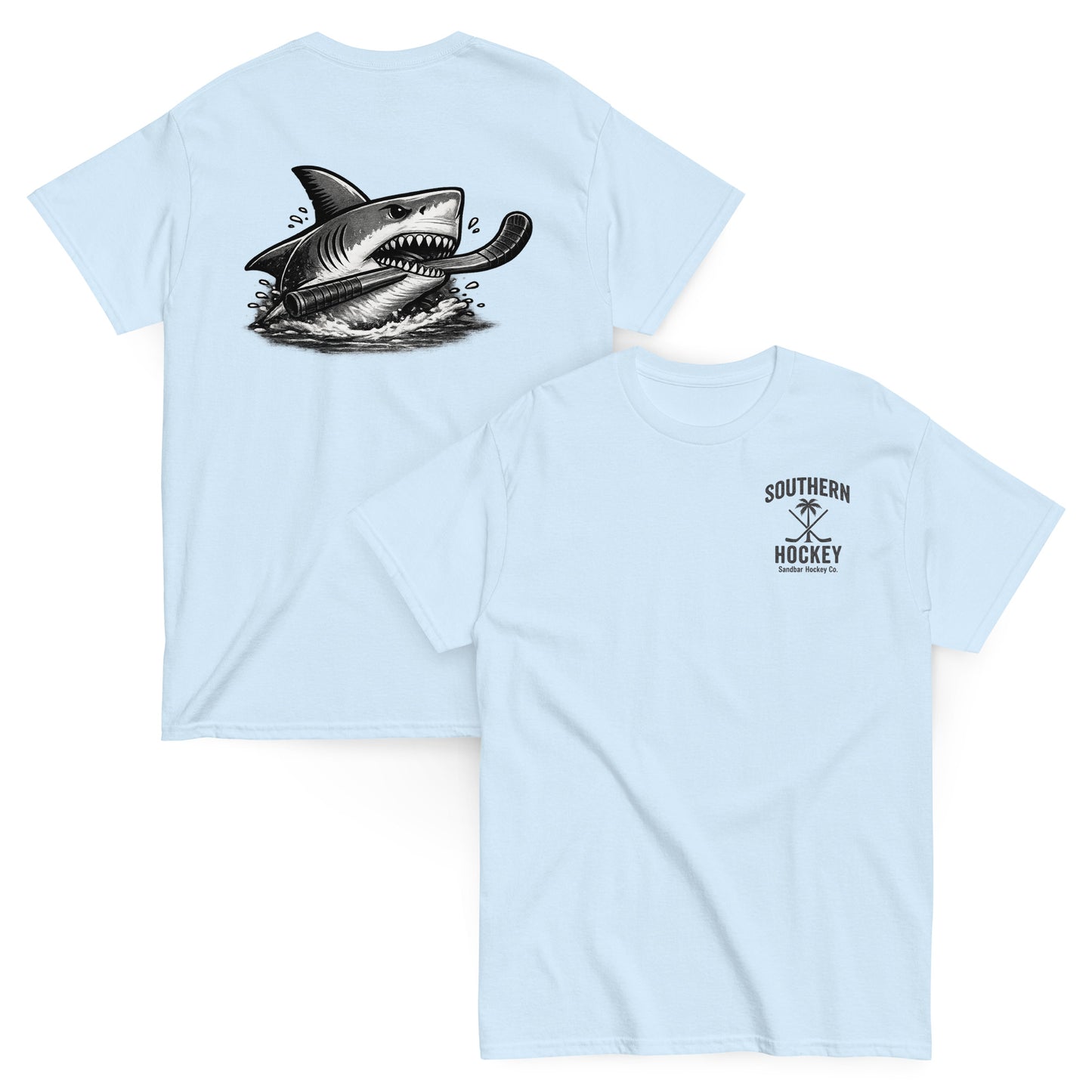Light Blue Southern Hockey Sandbar Hockey Co. T-shirt with black shark hockey graphic on the back and small Southern Hockey chest logo on the front