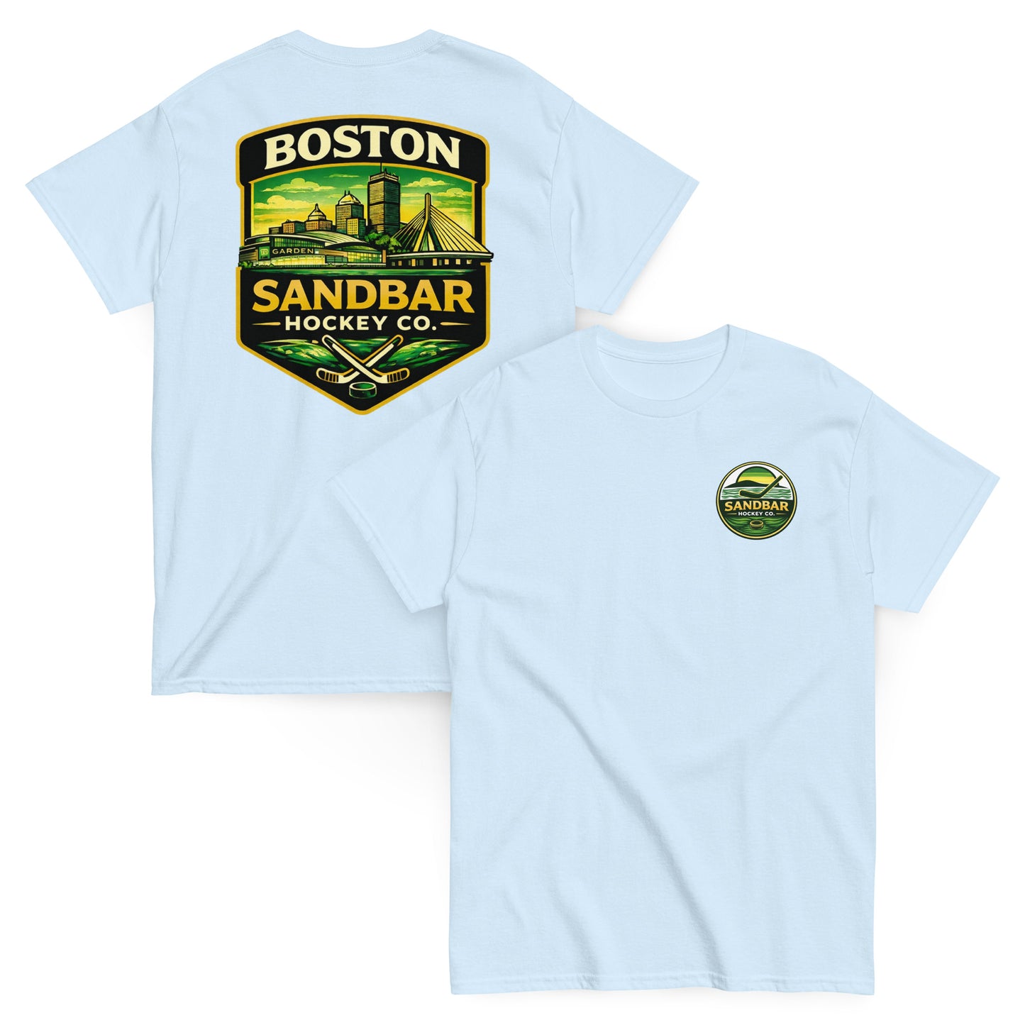 Boston Sandbar Hockey Co. light blue t-shirt mockup showing the front and back of the shirt, with a small circular Sandbar Hockey Co. logo on the front left chest and a large Boston skyline hockey graphic on the back.
