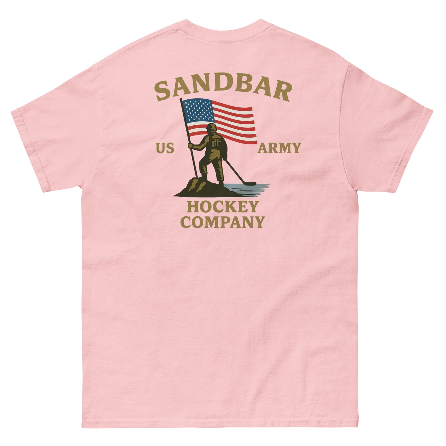 Pink patriotic hockey t-shirt back view with Sandbar US Army hockey graphic featuring a soldier, American flag, and hockey stick.