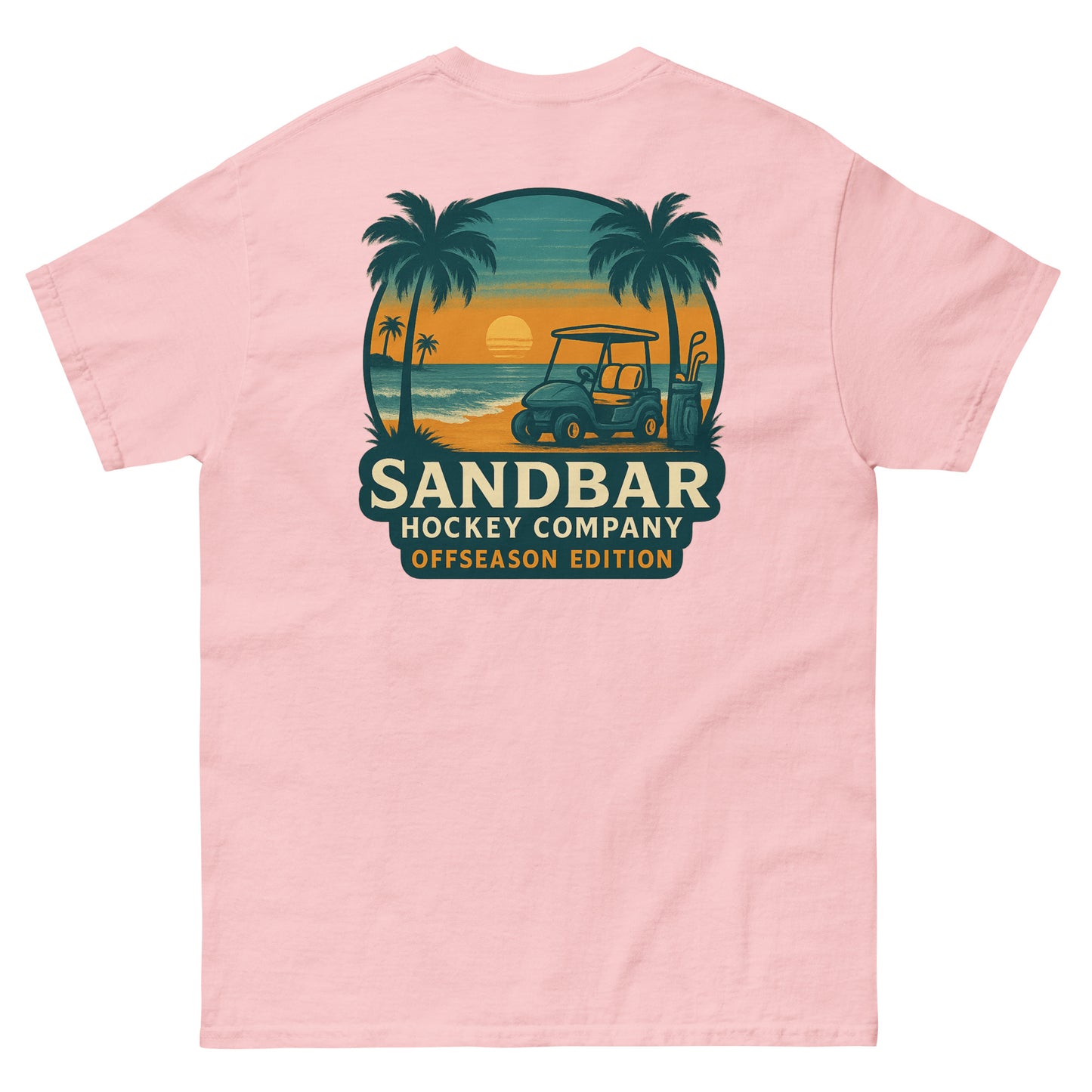 Pink T-shirt with a large back graphic of a beach sunset scene featuring palm trees, ocean waves, a golf cart, hockey sticks, and the text “Sandbar Hockey Company Offseason Edition.”