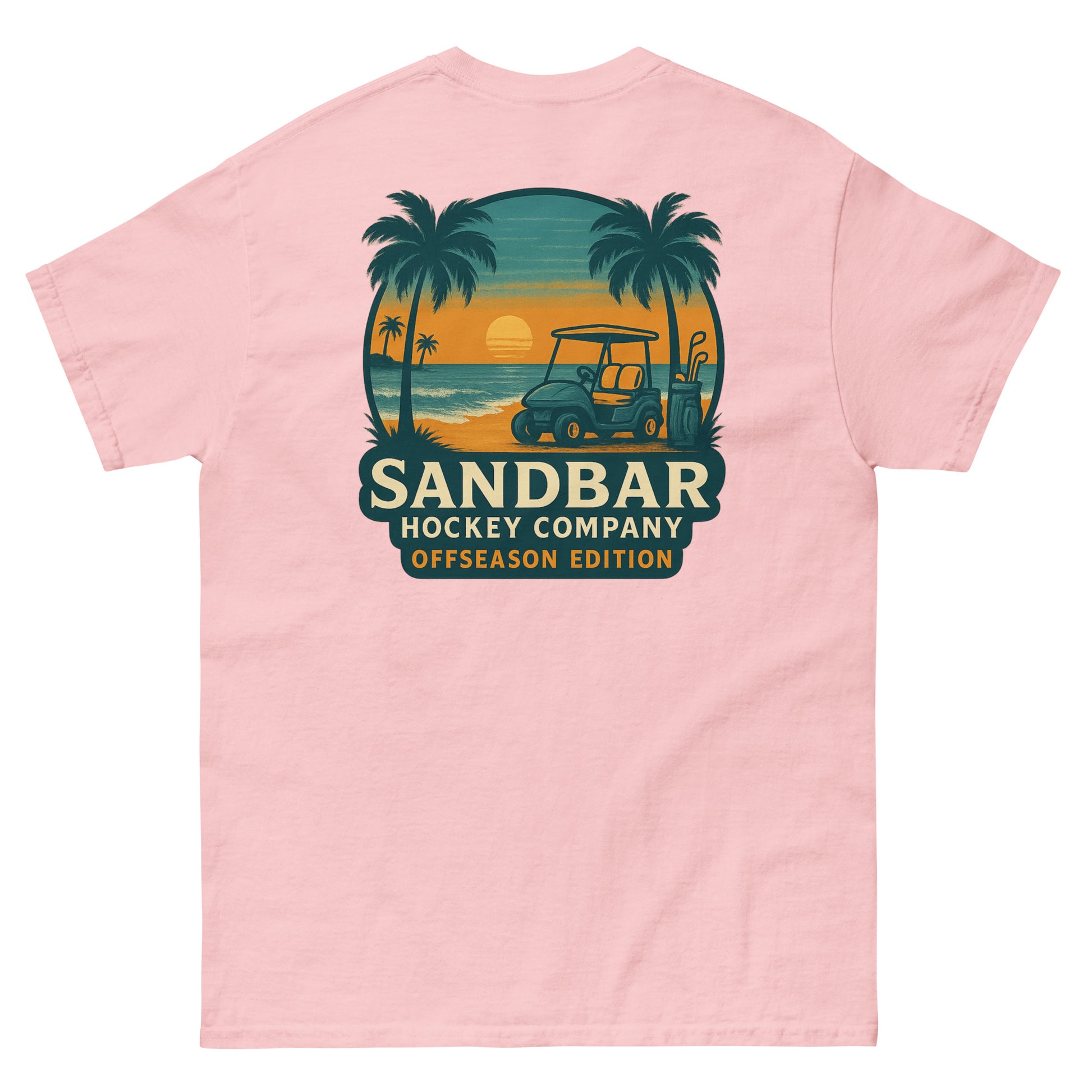Pink T-shirt with a large back graphic of a beach sunset scene featuring palm trees, ocean waves, a golf cart, hockey sticks, and the text “Sandbar Hockey Company Offseason Edition.”