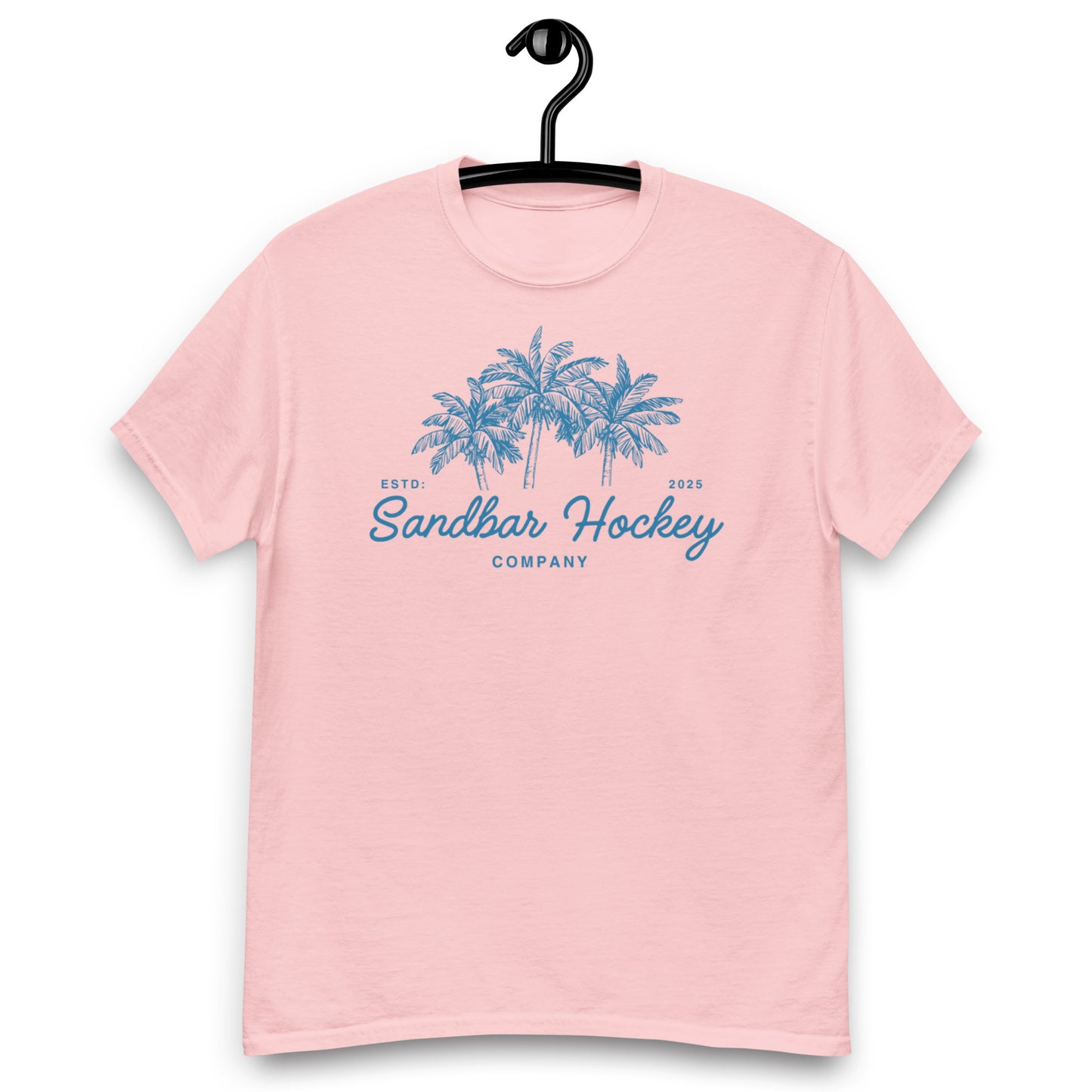 Light pink hockey t-shirt front side with blue palm tree graphic and Sandbar Hockey Company cursive logo