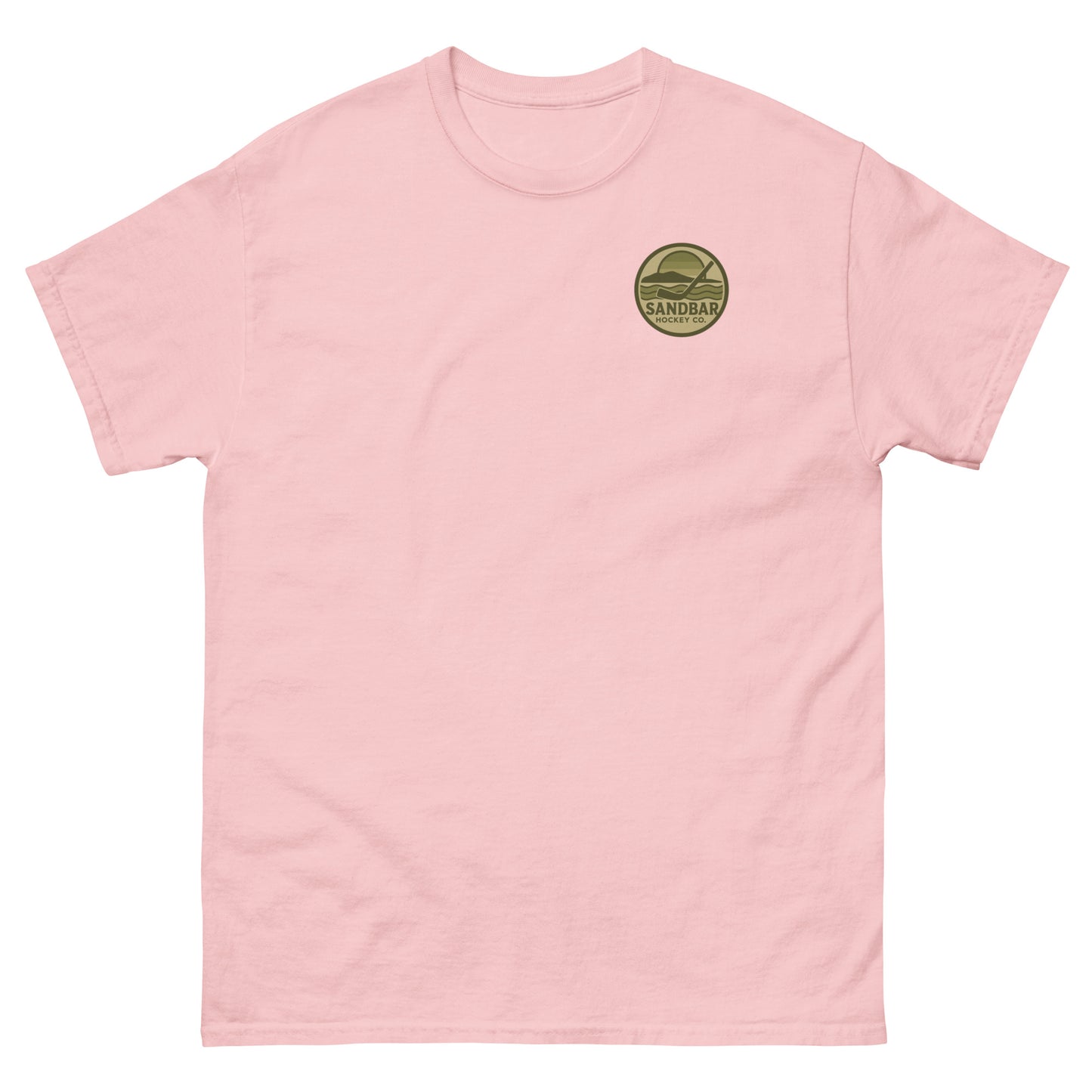 Pink patriotic hockey t-shirt front view with small military green Sandbar Hockey Co. sunset logo on the chest.