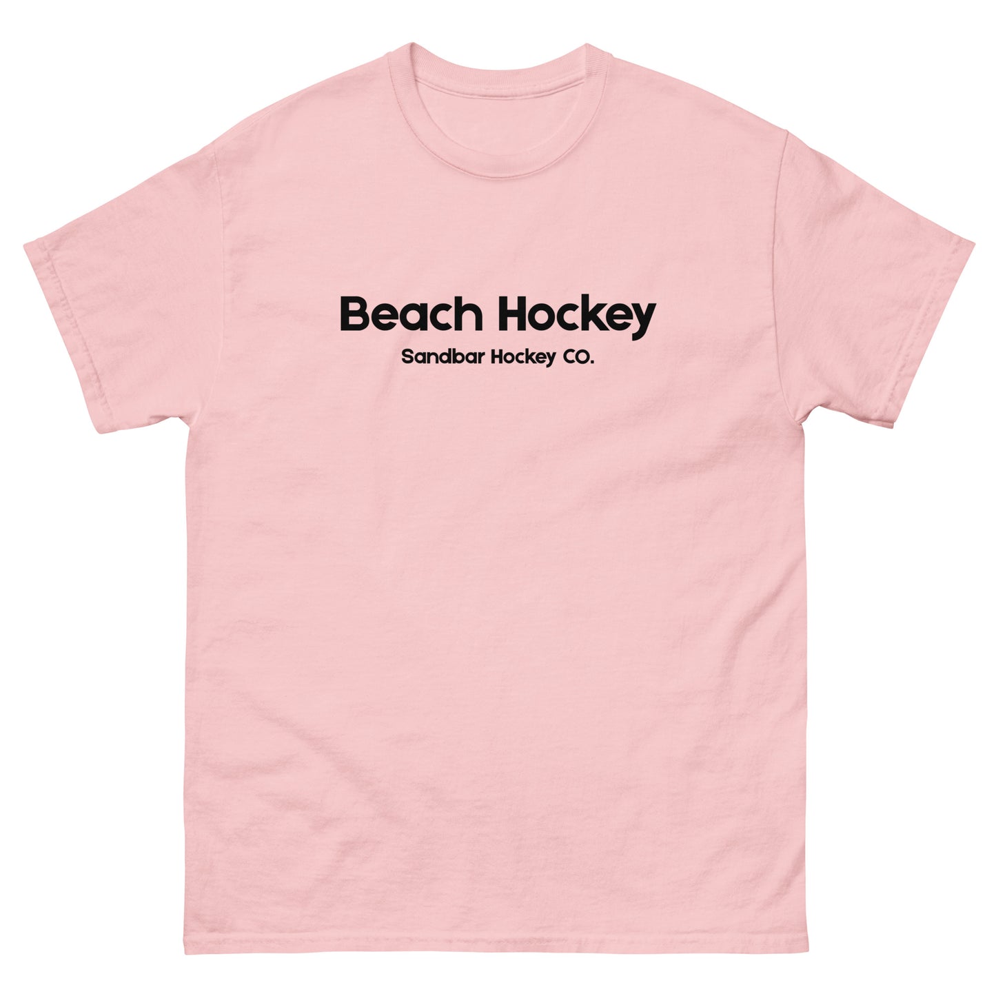 Light pink beach hockey t-shirt front view with Beach Hockey Sandbar Hockey Co. text on the chest.
