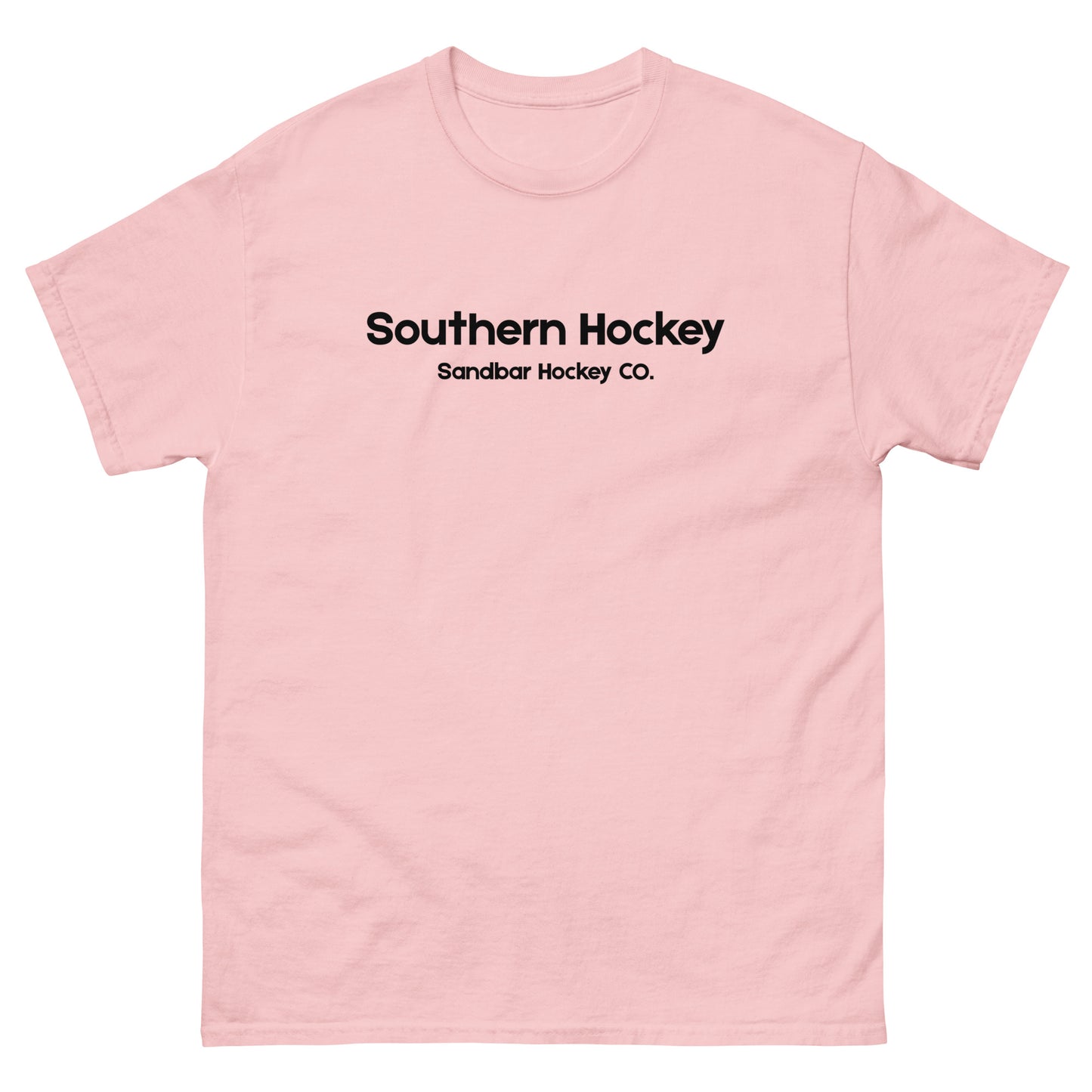 Light pink southern hockey t-shirt front view with Southern Hockey Sandbar Hockey Co. text on the chest.