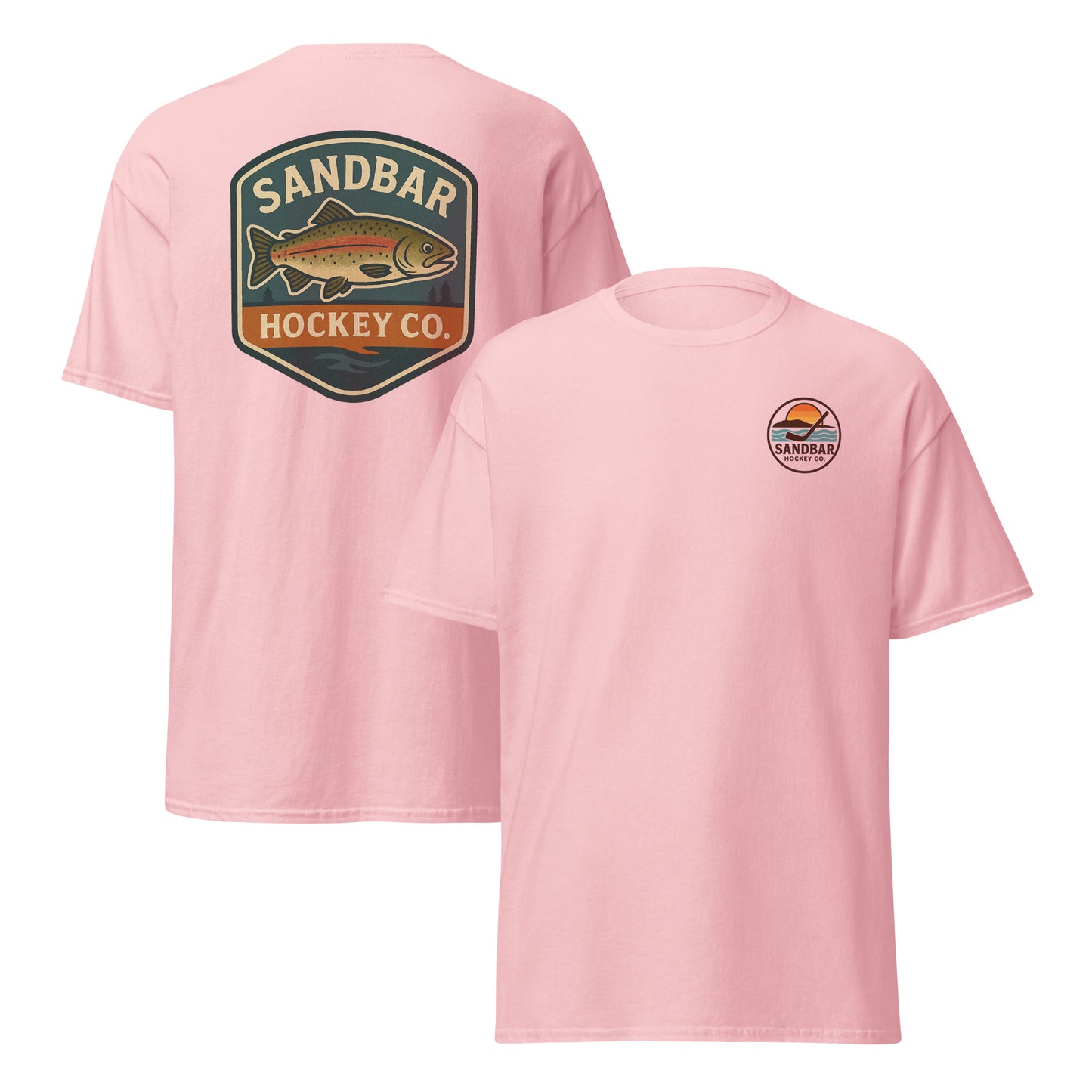 Light pink hockey t-shirt front and back combo view with trout badge back graphic and small circular Sandbar Hockey Co. sunset, water, island, and hockey stick chest logo
