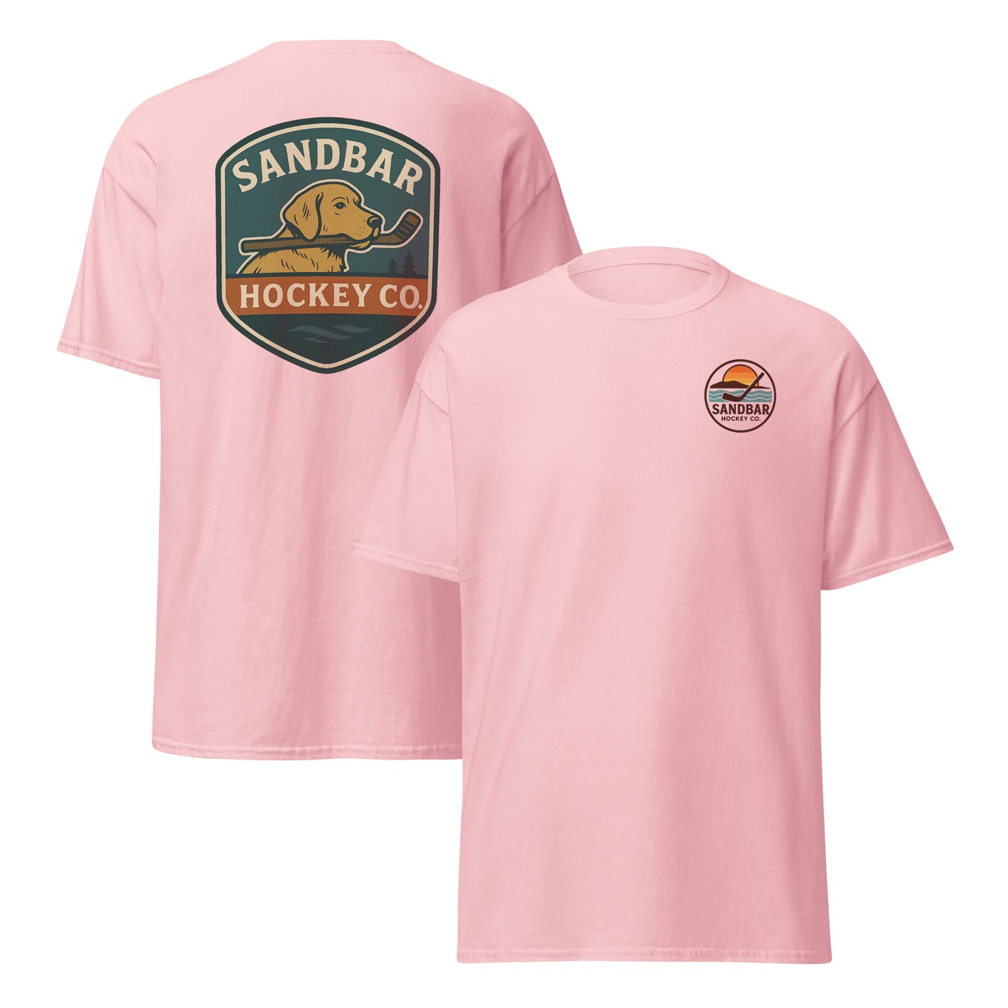 Soft pink Sandbar Hockey Dog Badge T-Shirt front and back mockup with large shield-style back graphic of a dog holding a hockey stick in its mouth and small circular Sandbar Hockey Co. chest logo on front